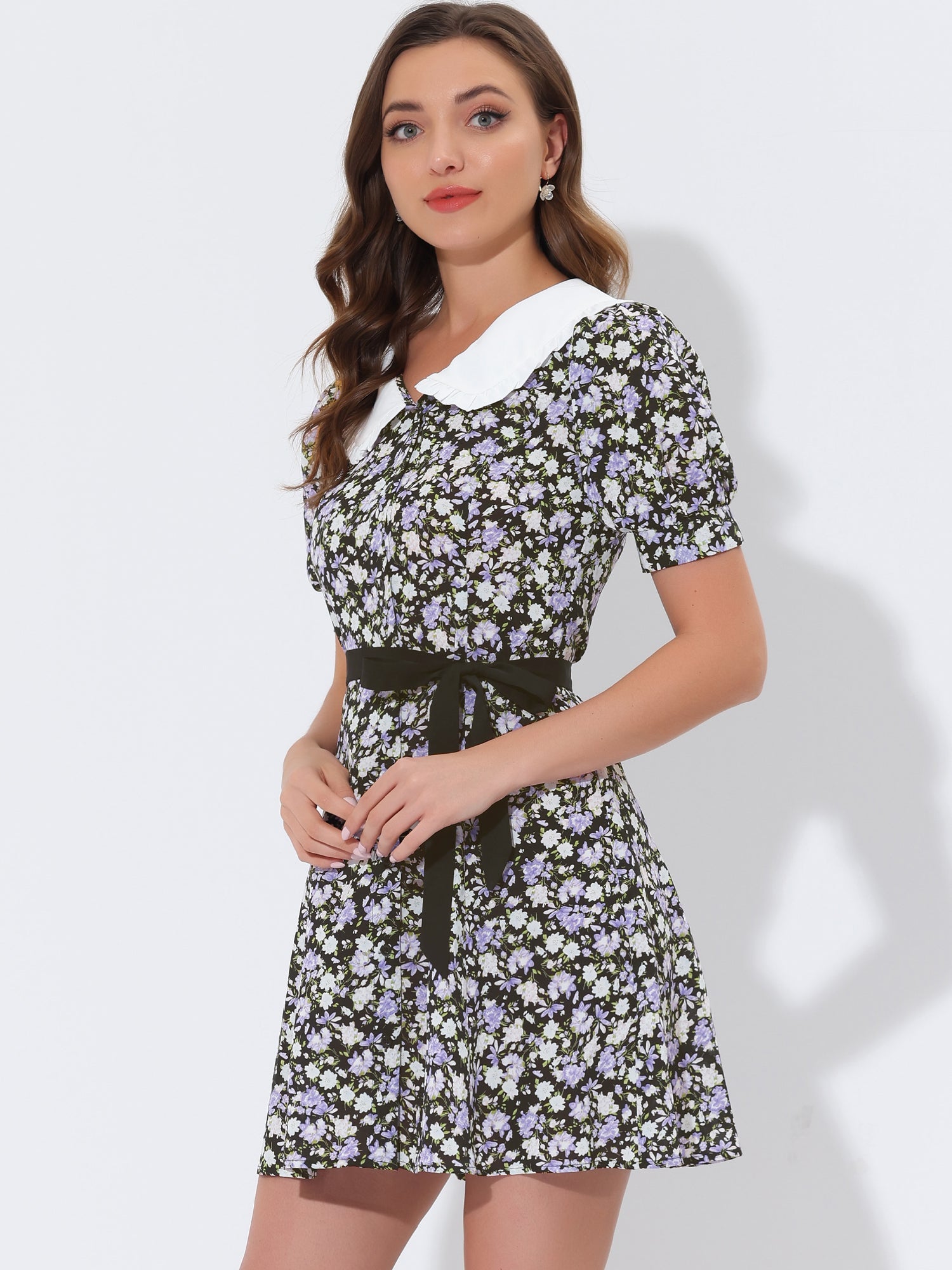 Peter Pan Collar Flowy Short Sleeve Ruffle Summer Floral Shirt Dress