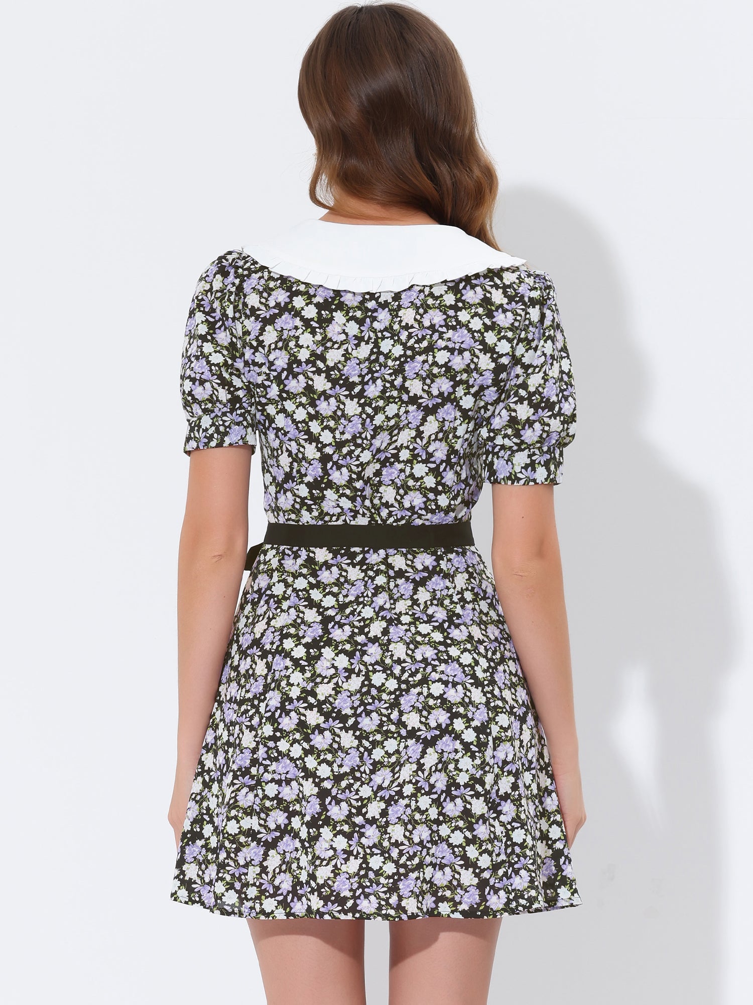 Peter Pan Collar Flowy Short Sleeve Ruffle Summer Floral Shirt Dress