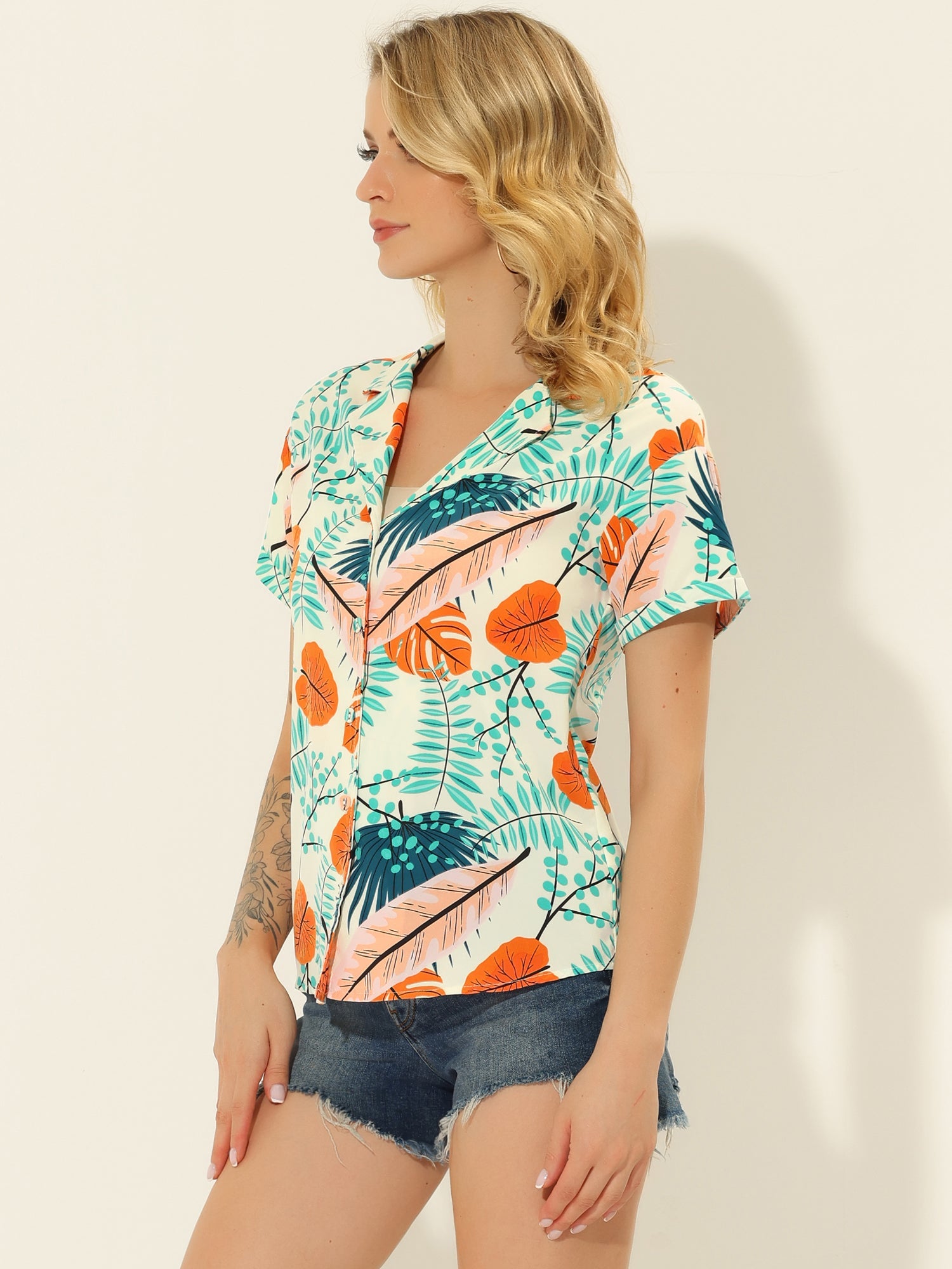 Hawaiian Floral Leaves Tropical Button Down Shirt