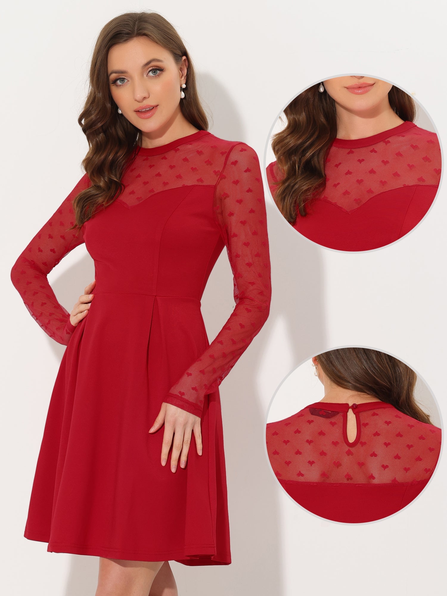 Party Heart Mesh Sheer Sleeve Crew Neck Skater Short Dress