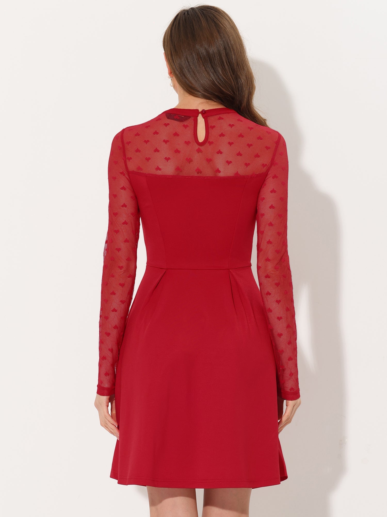 Party Heart Mesh Sheer Sleeve Crew Neck Skater Short Dress