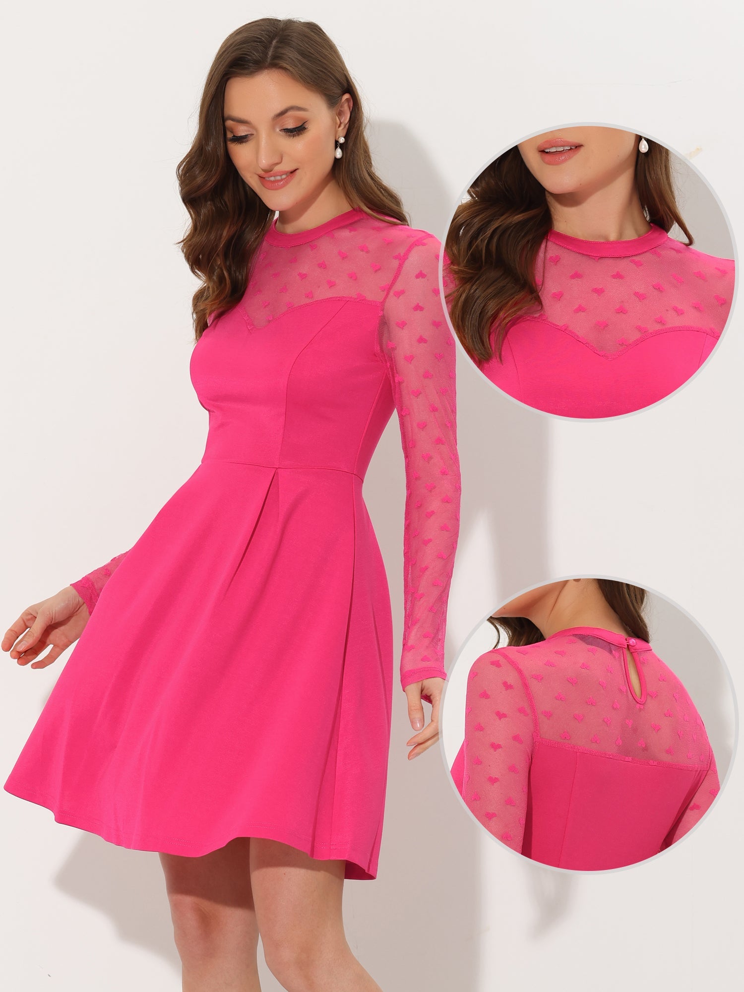 Party Heart Mesh Sheer Sleeve Crew Neck Skater Short Dress