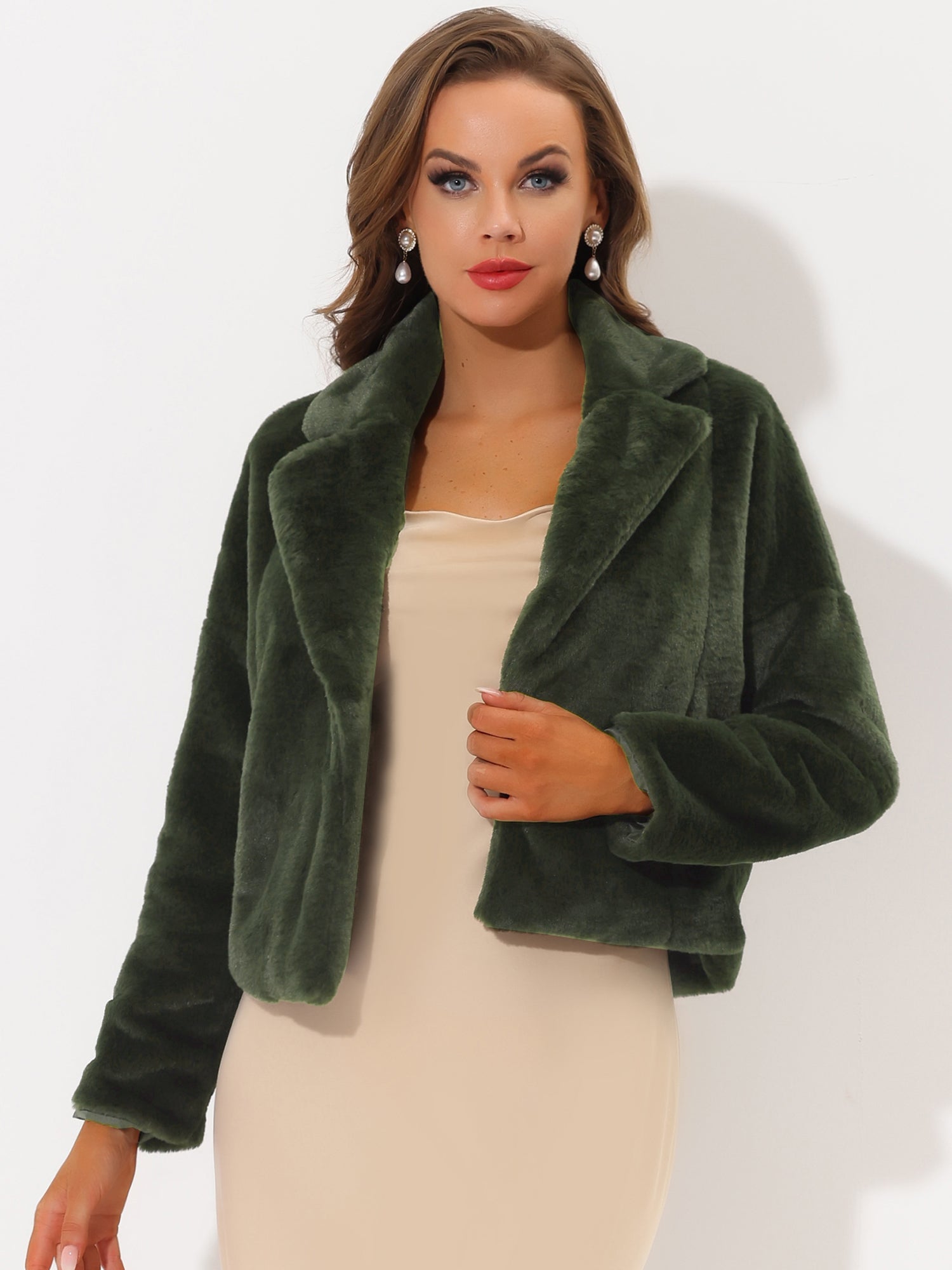 Allegra K Cropped Notch Lapel Faux Fur Fluffy Jacket