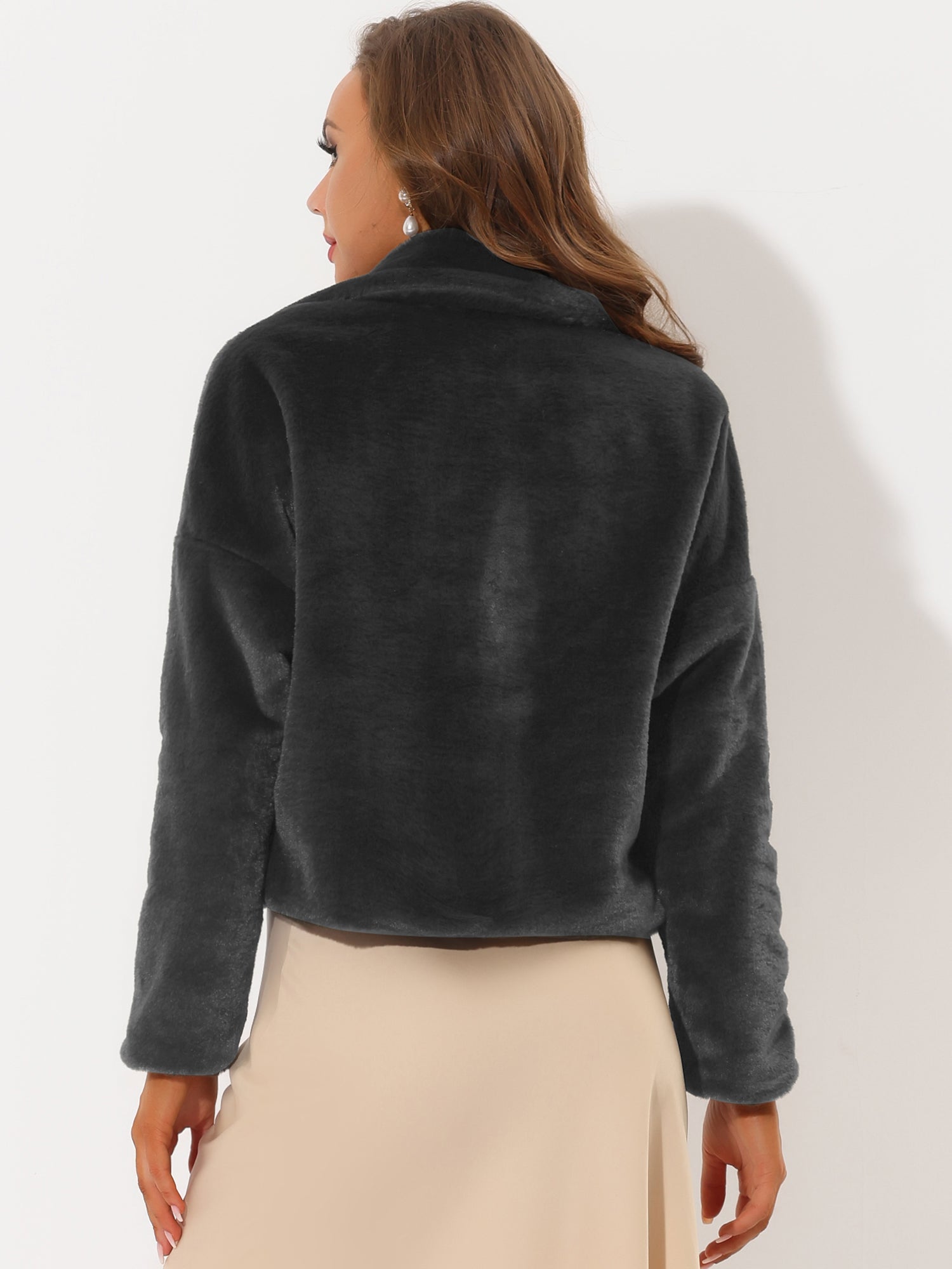 Allegra K Cropped Notch Lapel Faux Fur Fluffy Jacket