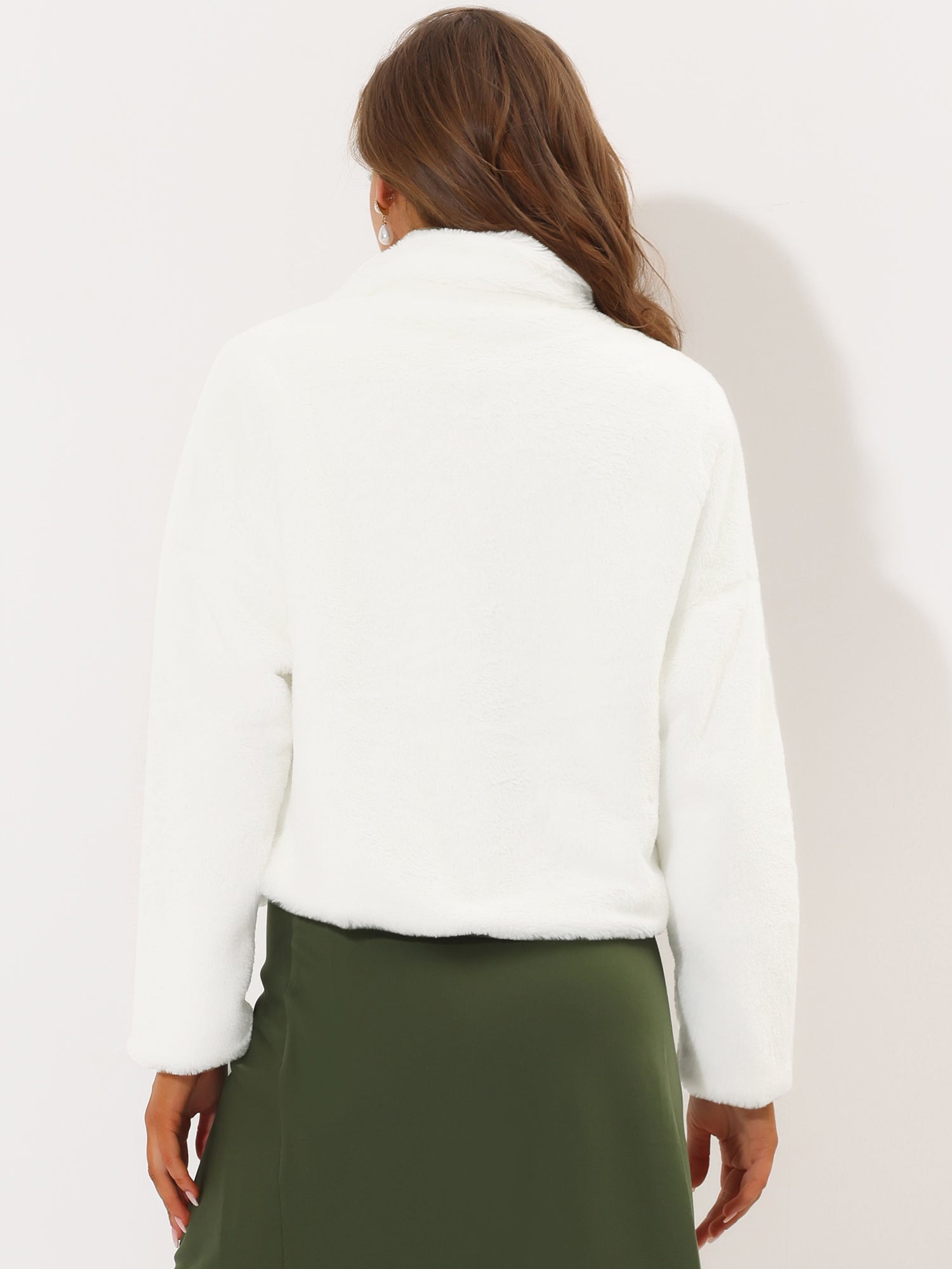 Allegra K Cropped Notch Lapel Faux Fur Fluffy Jacket