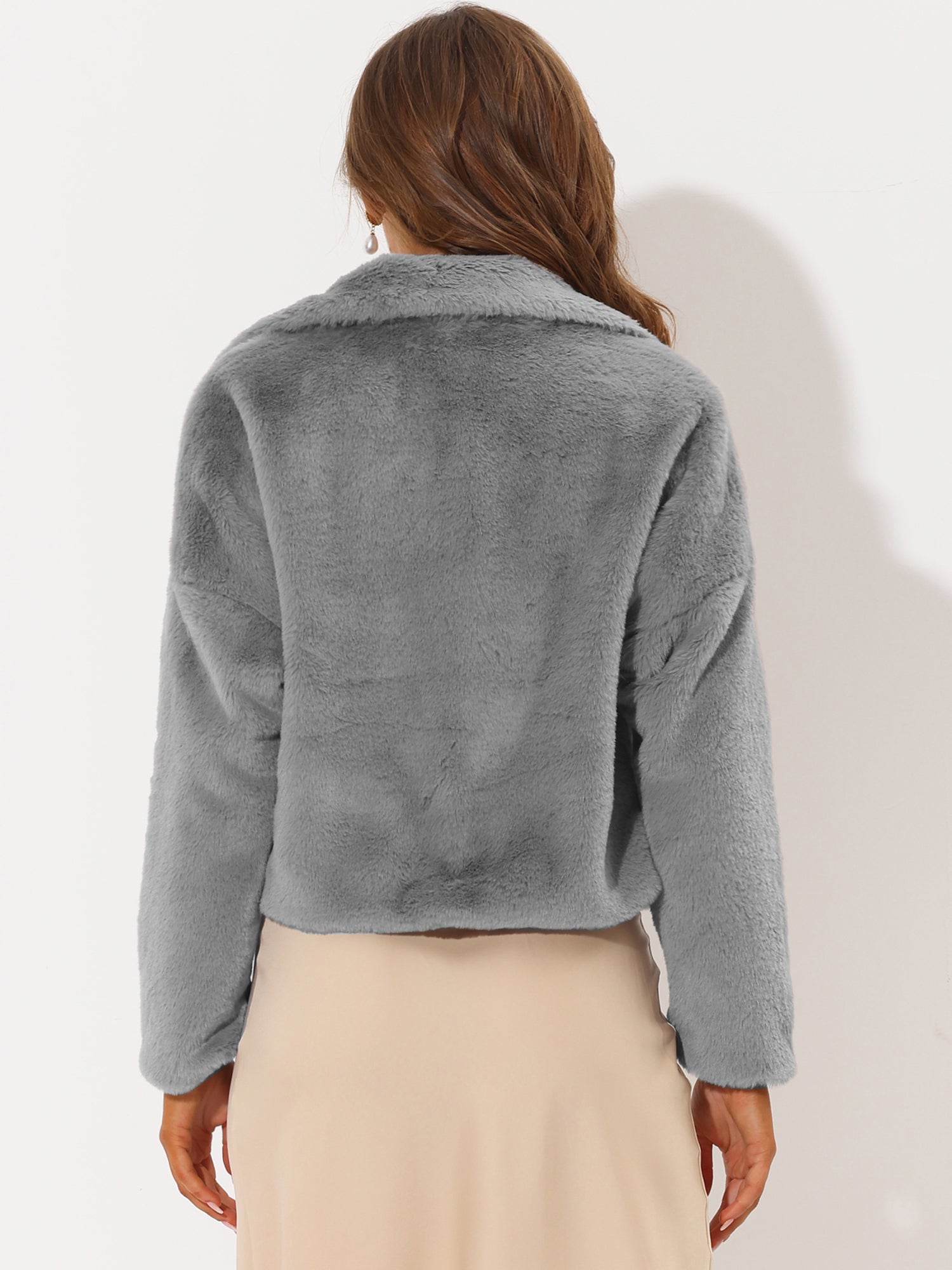 Allegra K Cropped Notch Lapel Faux Fur Fluffy Jacket