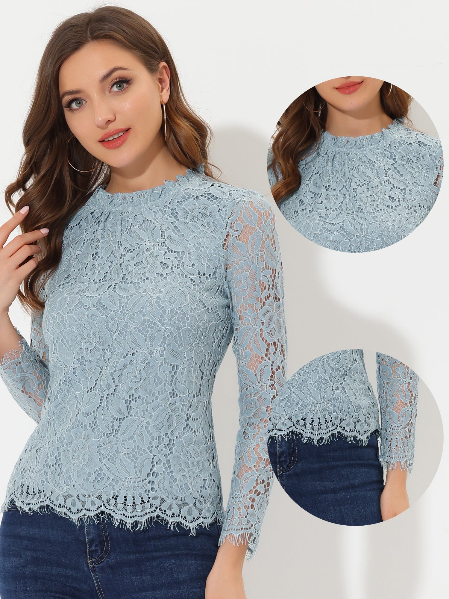 Lace Long Sleeve Ruffle Stand Neck Floral Blouse