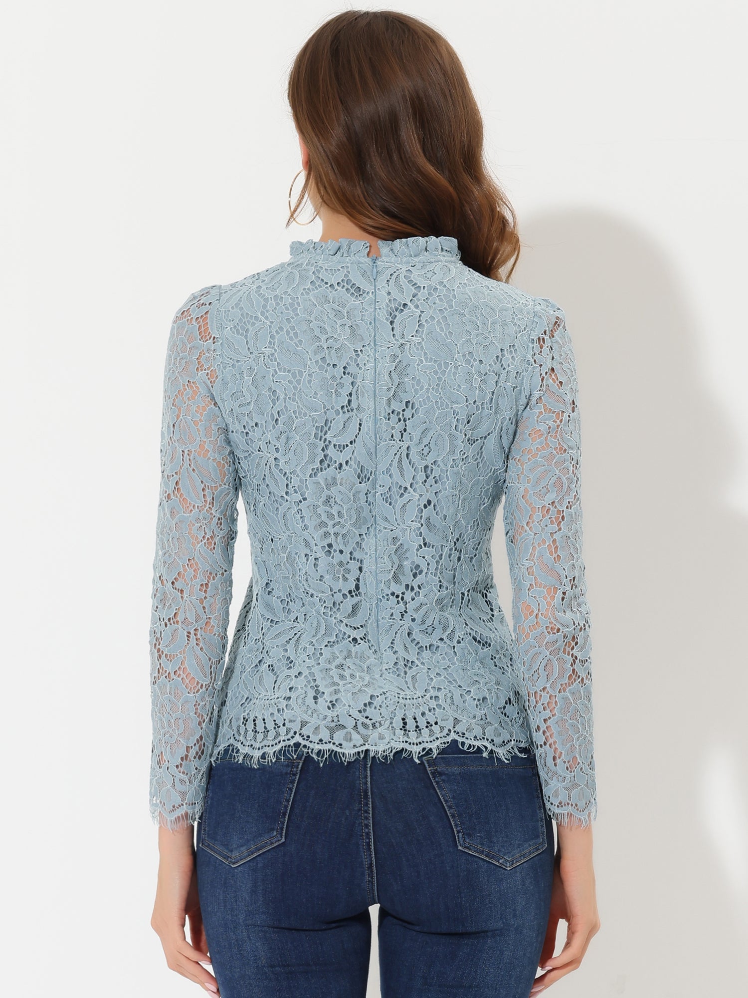 Lace Long Sleeve Ruffle Stand Neck Floral Blouse