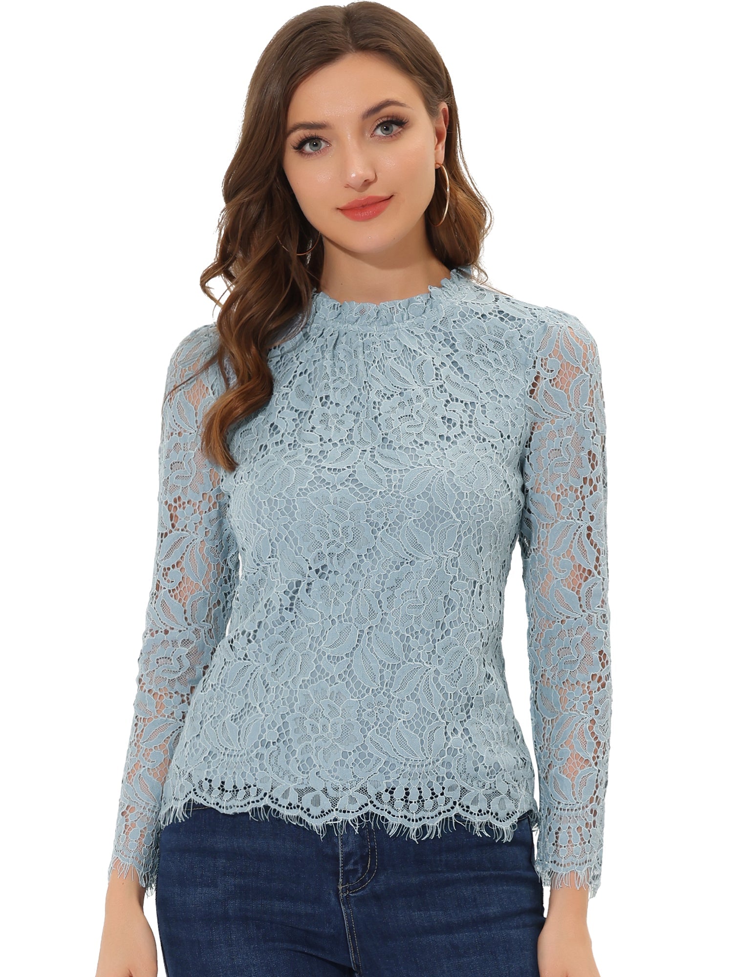 Lace Long Sleeve Ruffle Stand Neck Floral Blouse