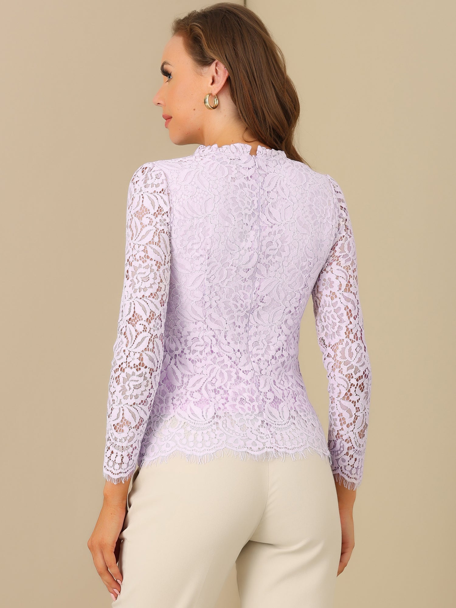 Lace Long Sleeve Ruffle Stand Neck Floral Blouse