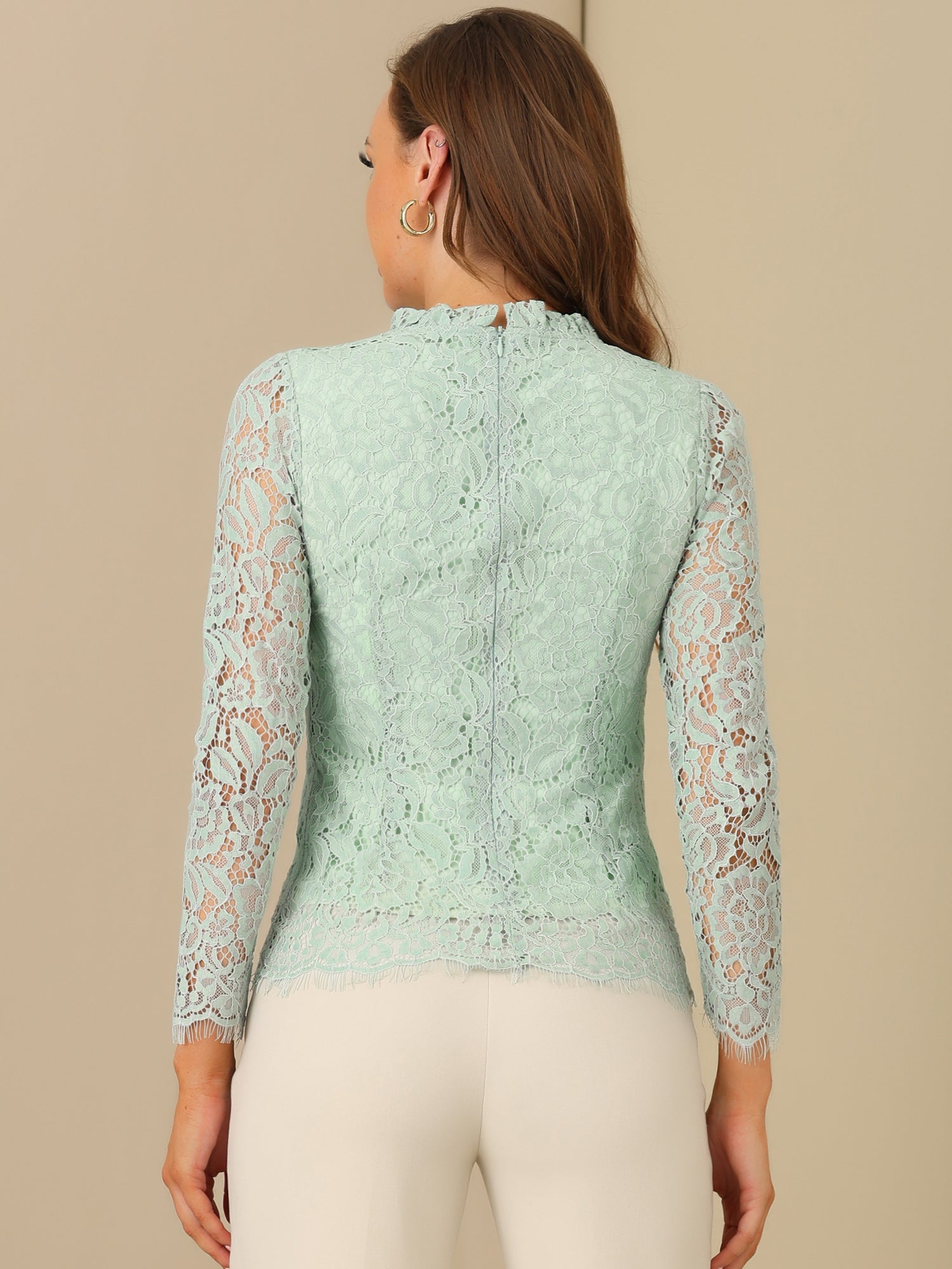 Lace Long Sleeve Ruffle Stand Neck Floral Blouse