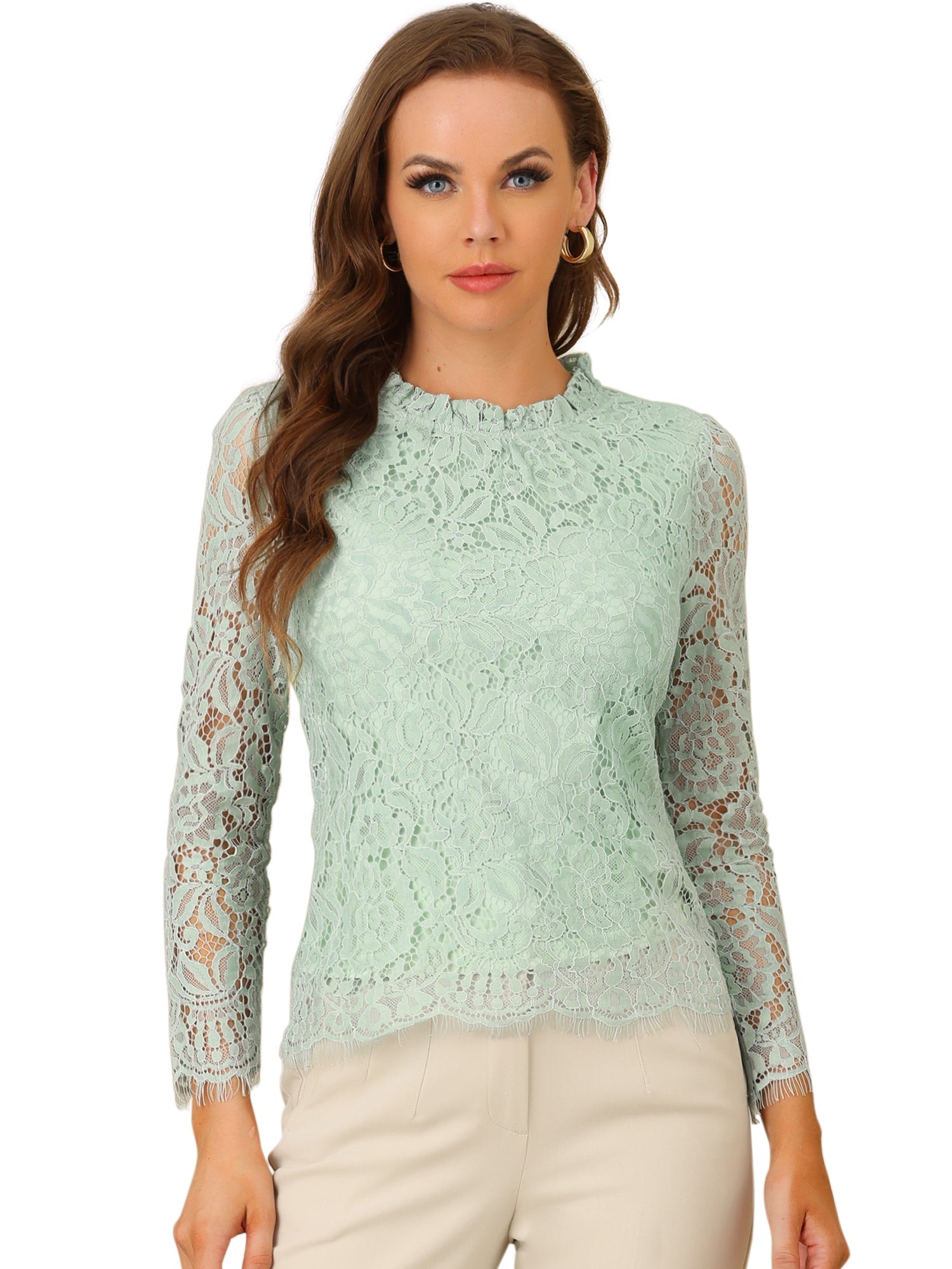 Lace Long Sleeve Ruffle Stand Neck Floral Blouse