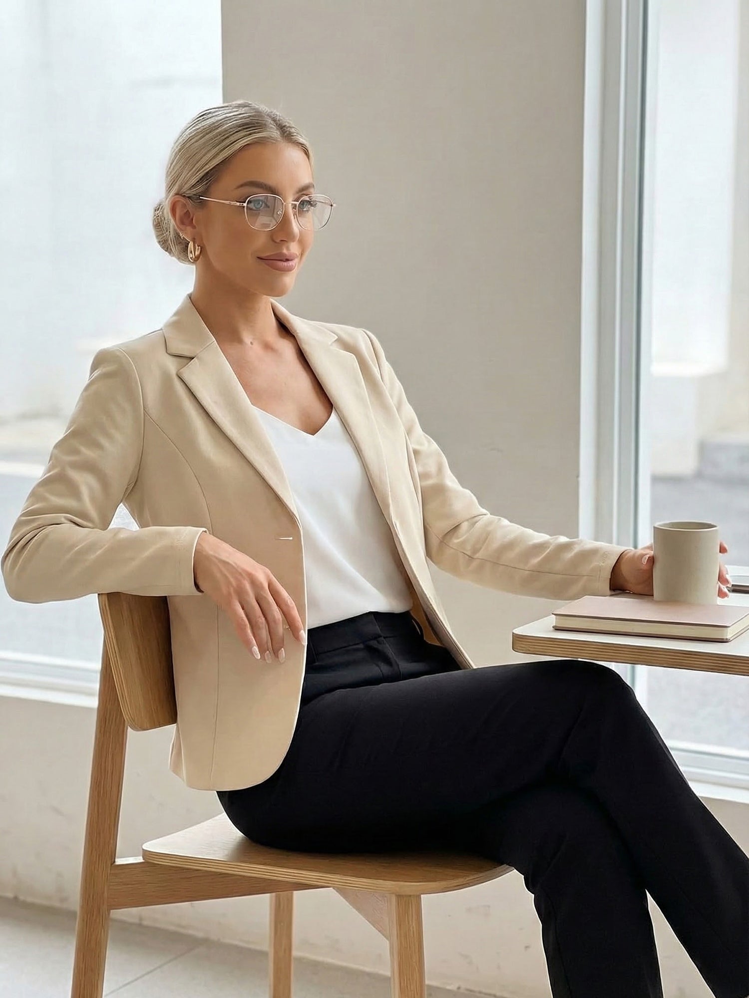 Notched Lapel Collar Stretch Work Office Workwear Jacket Blazer