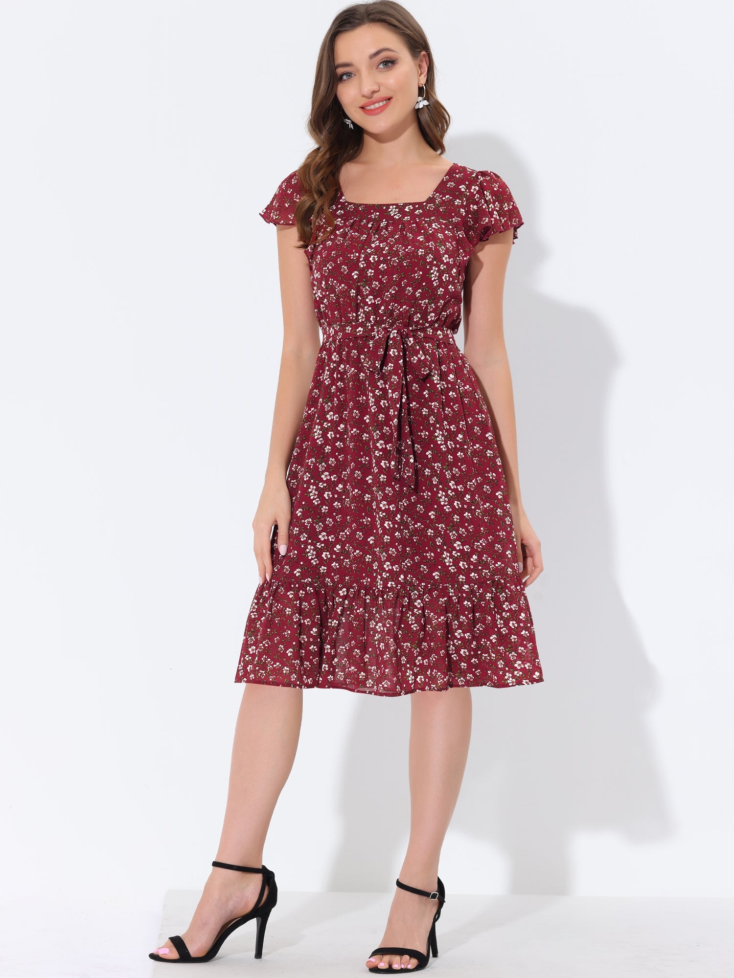 Floral Chiffon Flutter Sleeve Belted Square Neck Ruffled Hem Dress