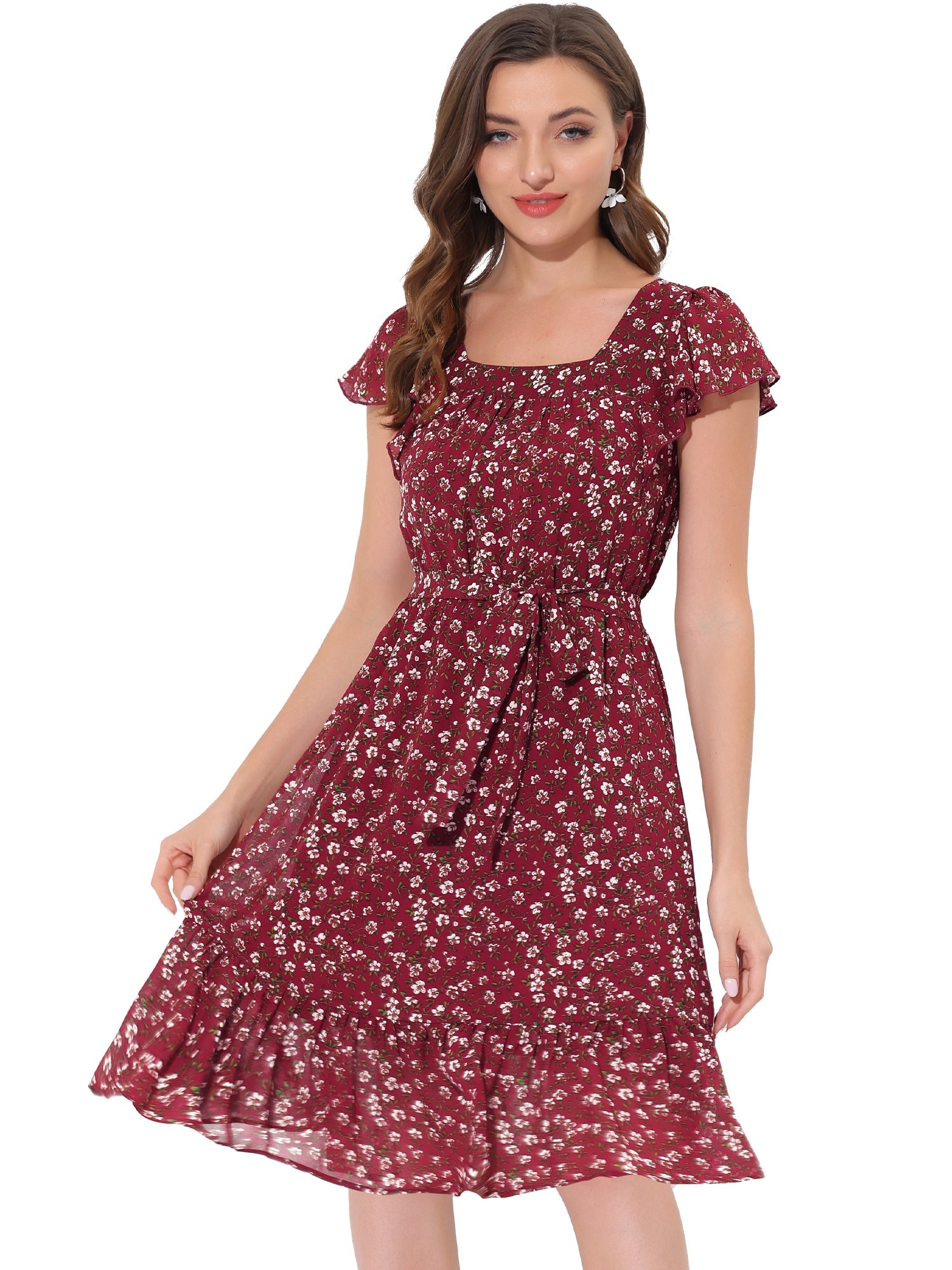 Floral Chiffon Flutter Sleeve Belted Square Neck Ruffled Hem Dress