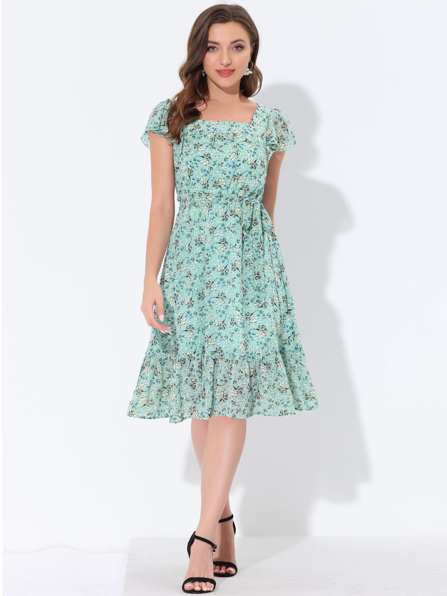 Floral Chiffon Flutter Sleeve Belted Square Neck Ruffled Hem Dress