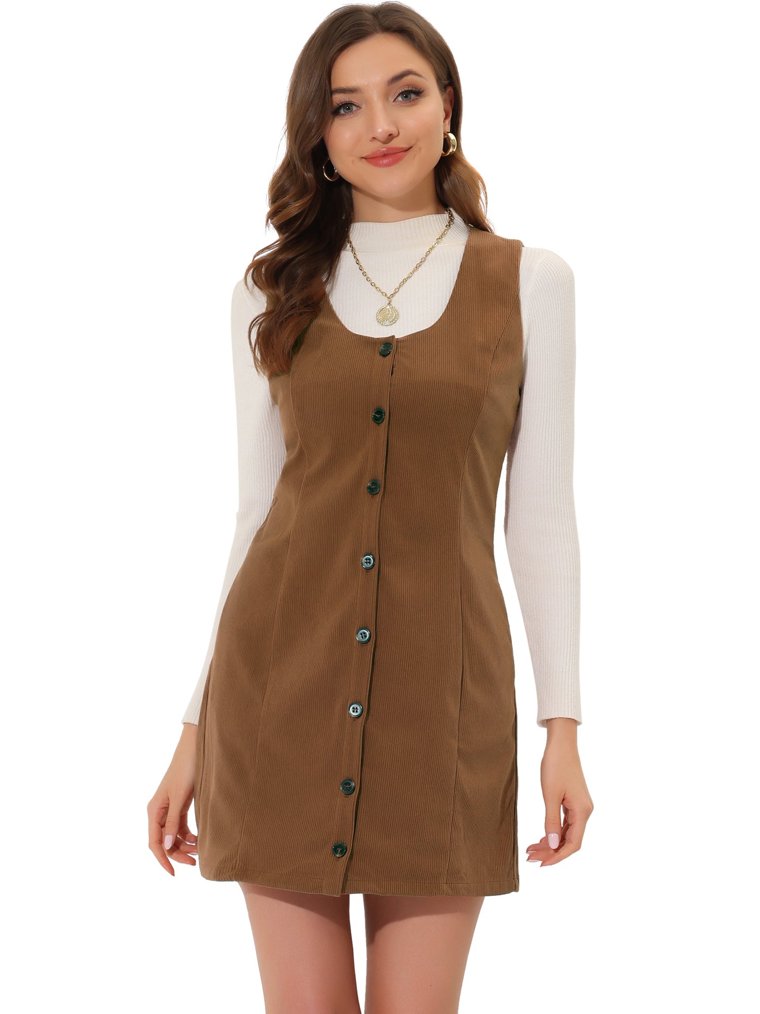 Corduroy Overall Scoop Neck Sleeveless Button Pinefore Dress