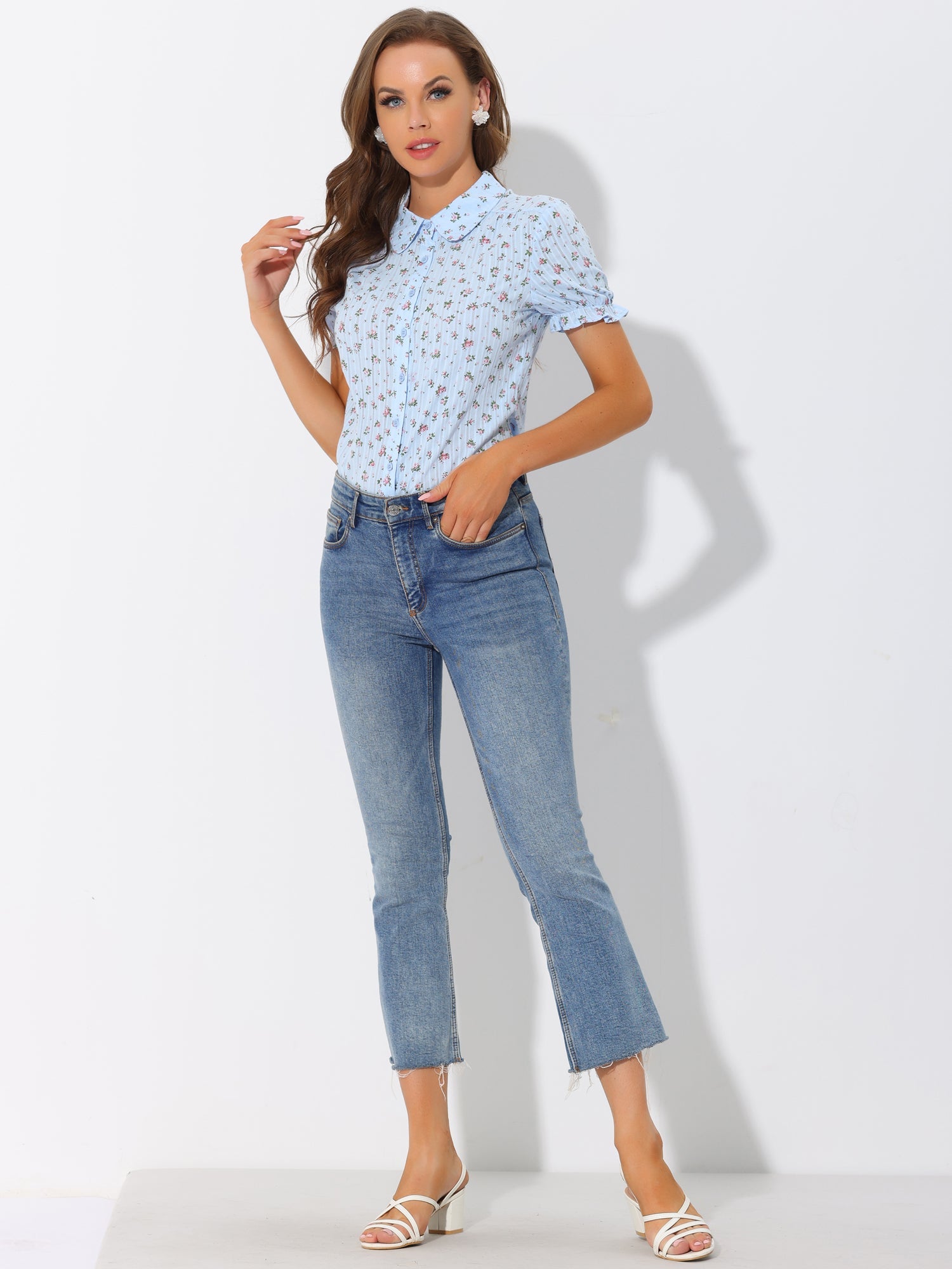 Floral Printed Peter Pan Collar Cotton Short Sleeve Shirt