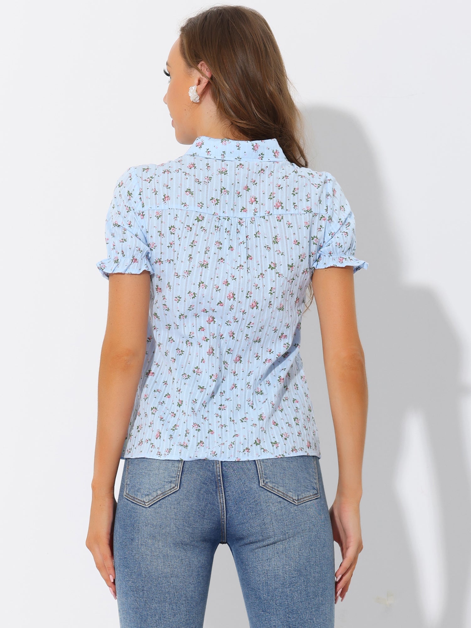 Floral Printed Peter Pan Collar Cotton Short Sleeve Shirt