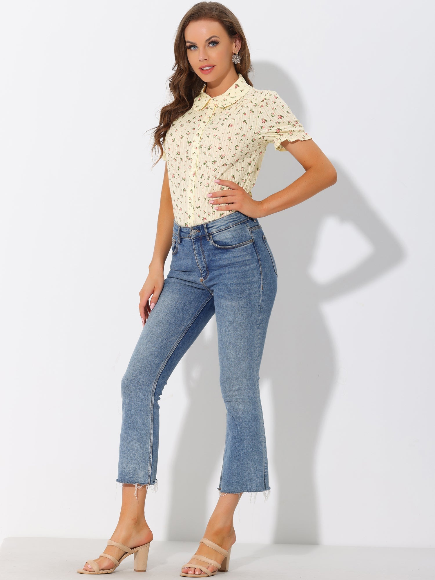 Floral Printed Peter Pan Collar Cotton Short Sleeve Shirt