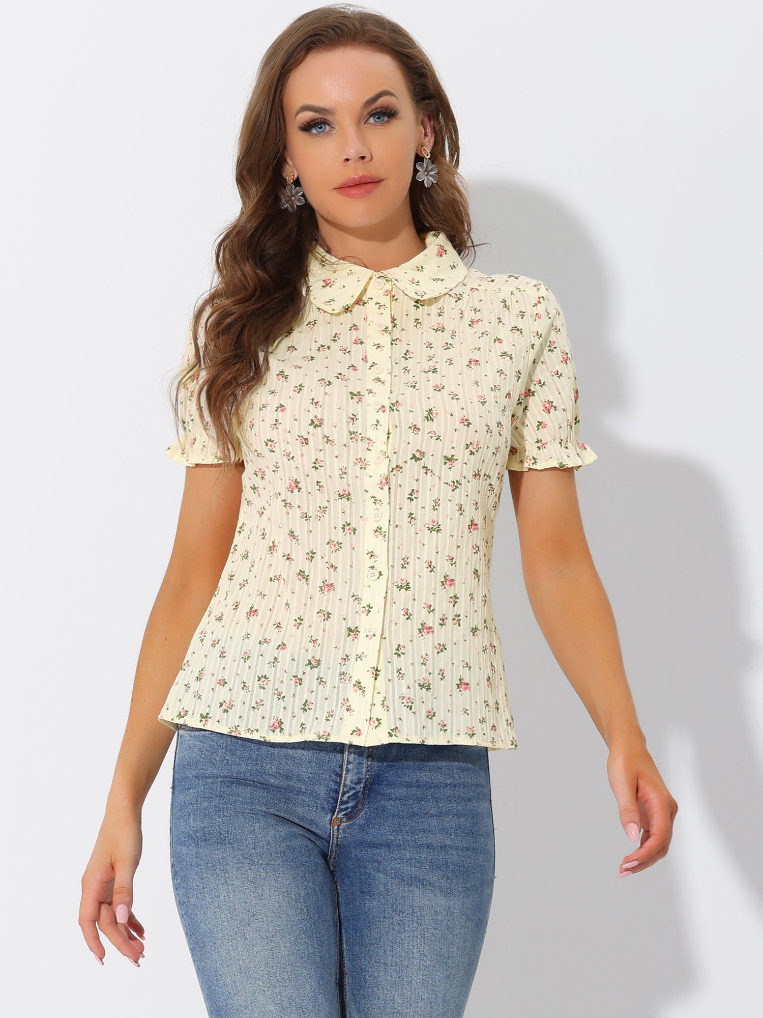 Floral Printed Peter Pan Collar Cotton Short Sleeve Shirt