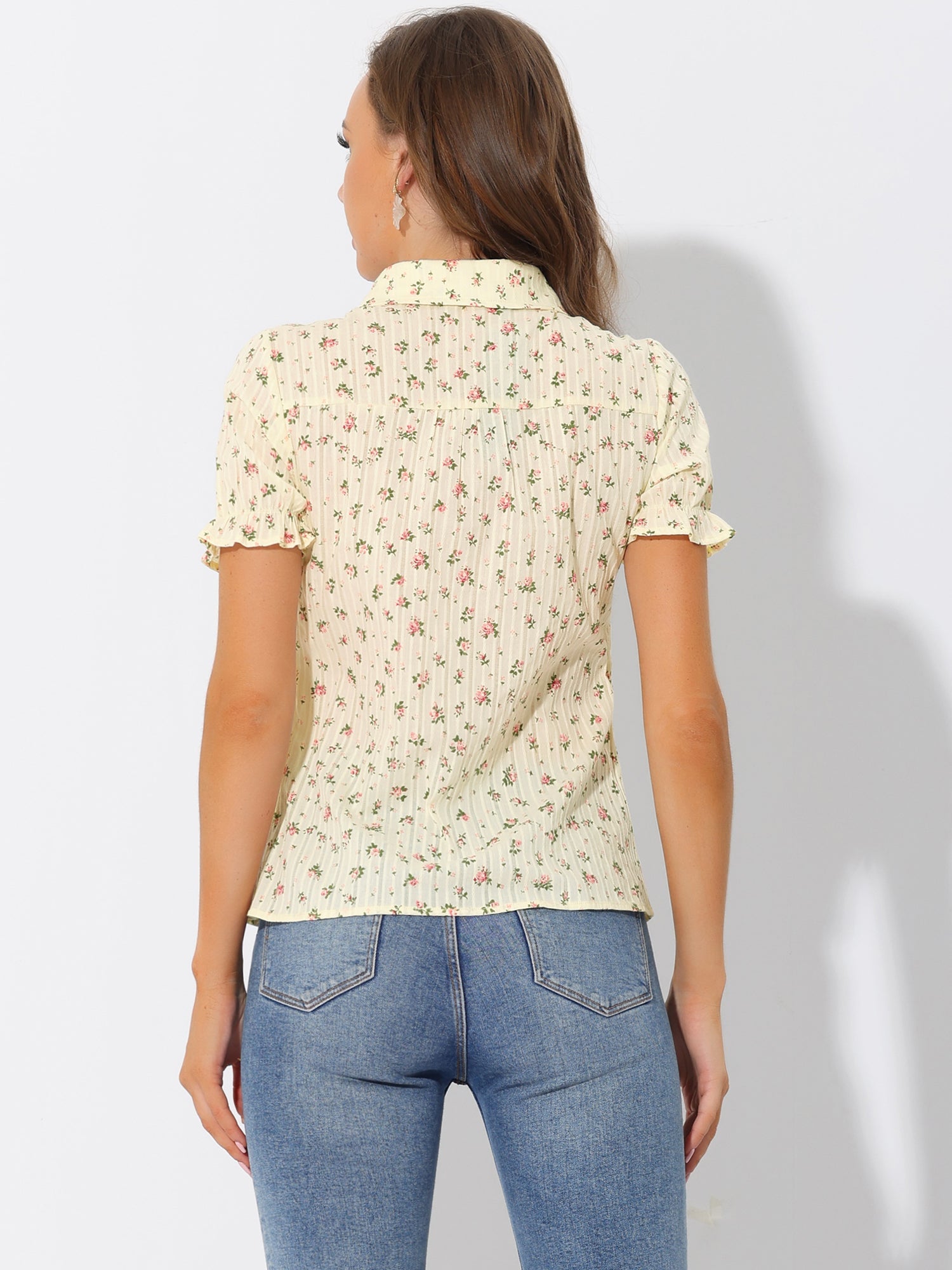 Floral Printed Peter Pan Collar Cotton Short Sleeve Shirt