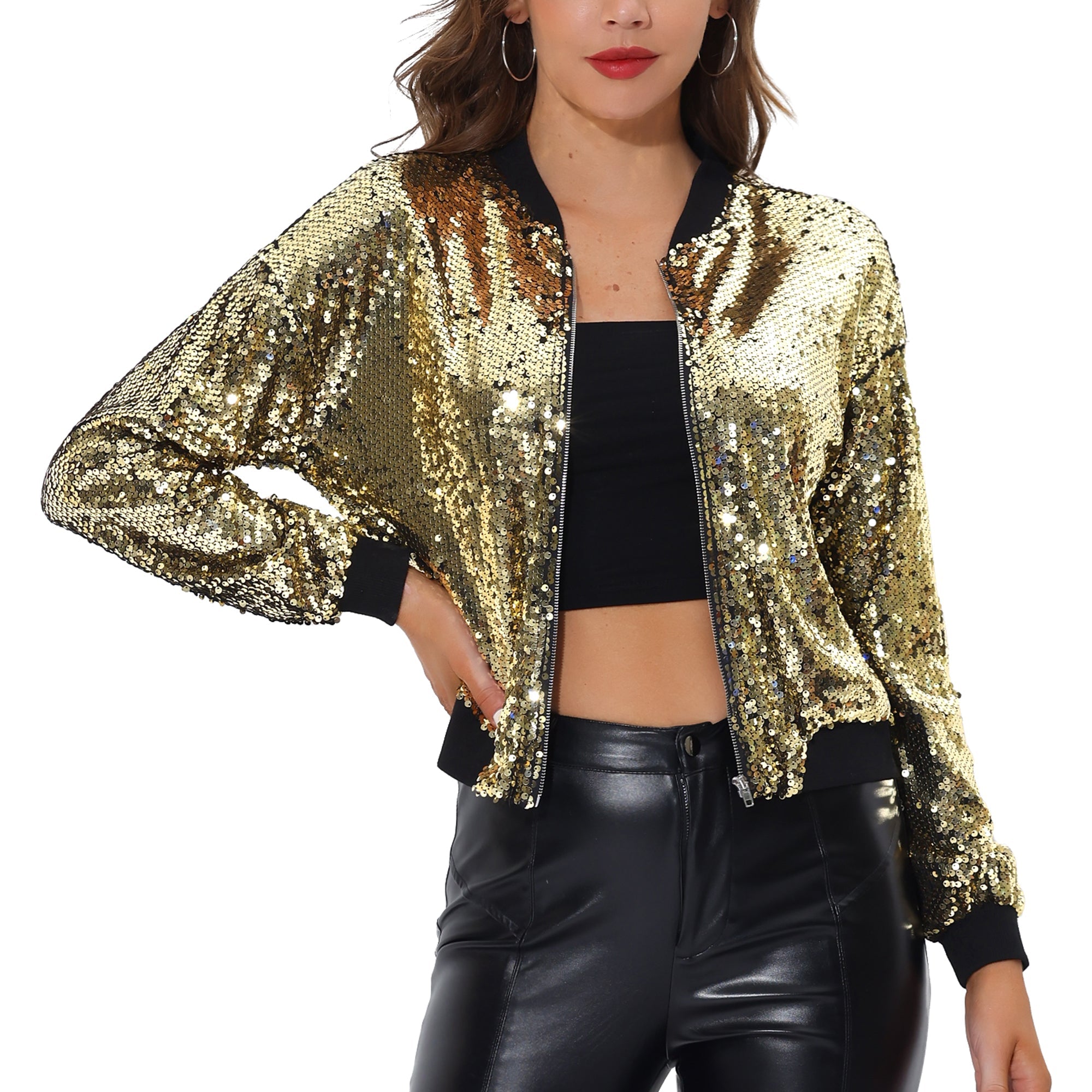 Sequin Sparkle Party Long Sleeve Zipper Bomber Jacket