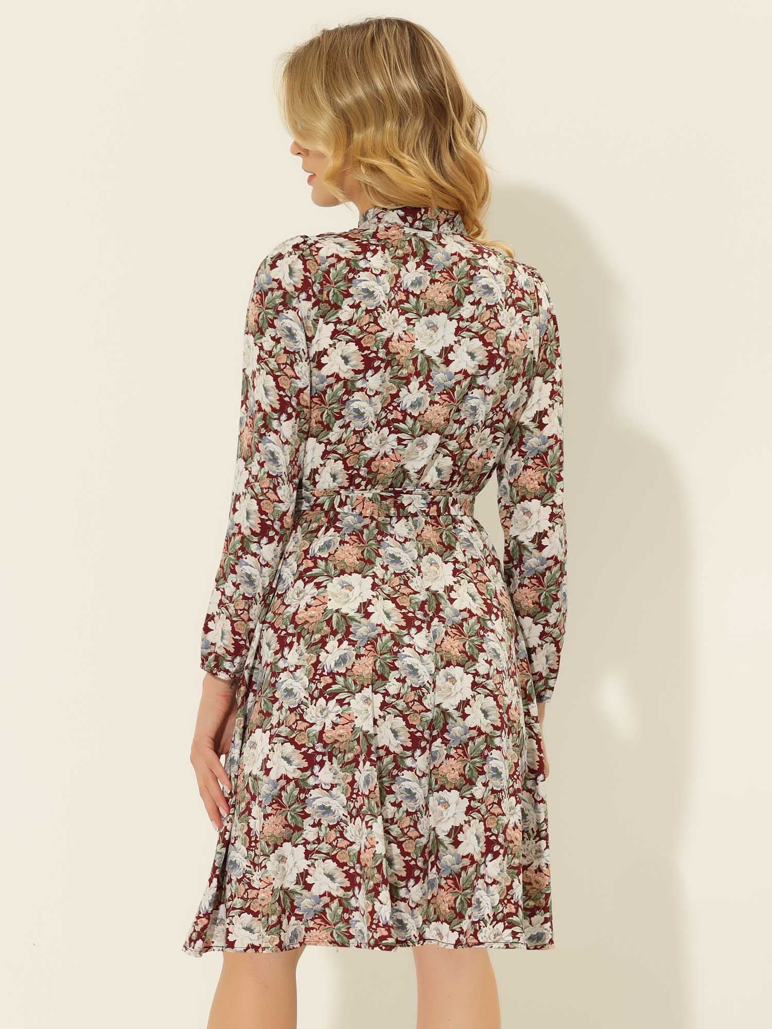 Tie Neck Chiffon Long Sleeve Belted Vintage Floral Dress