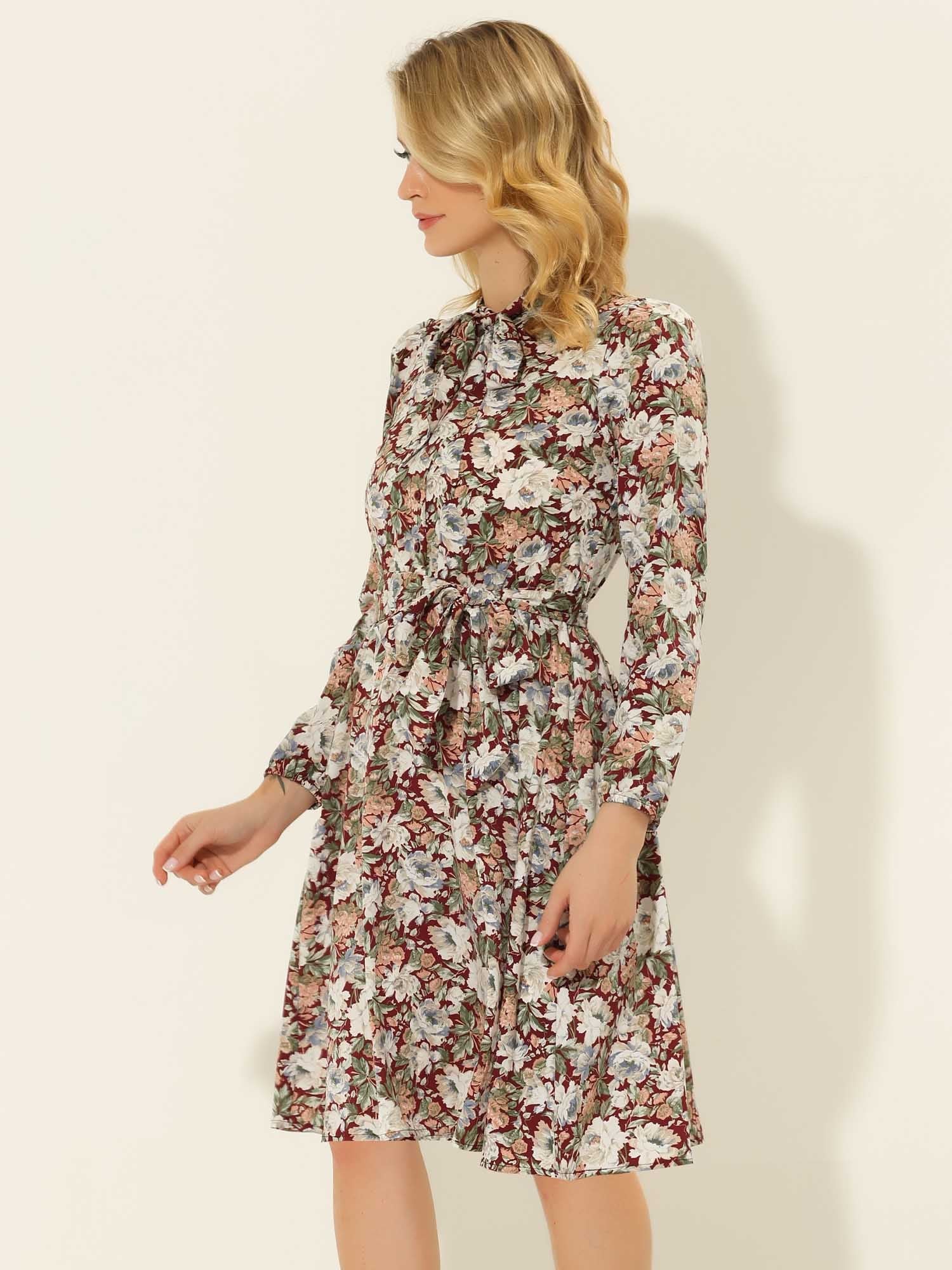 Tie Neck Chiffon Long Sleeve Belted Vintage Floral Dress
