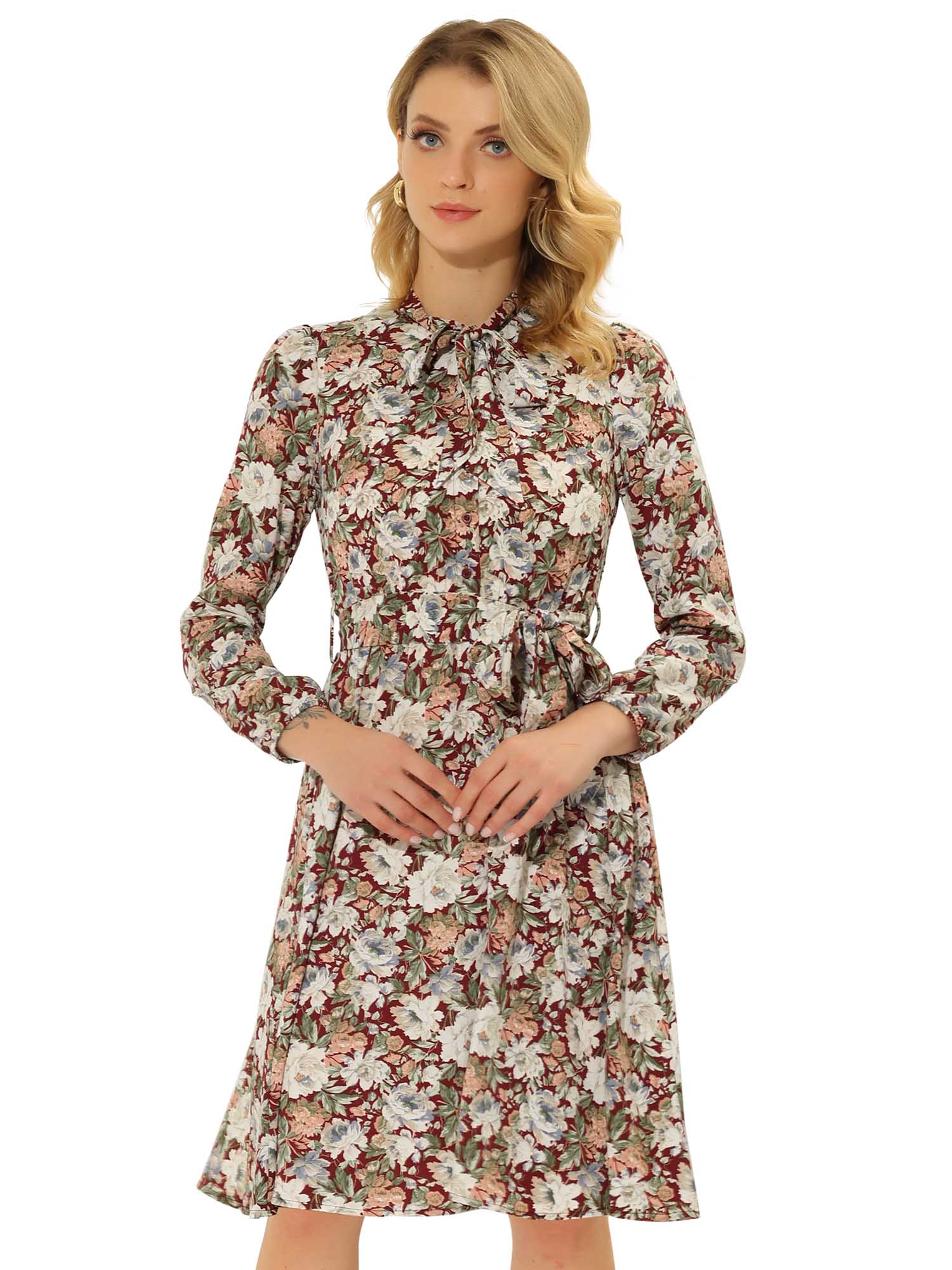 Tie Neck Chiffon Long Sleeve Belted Vintage Floral Dress