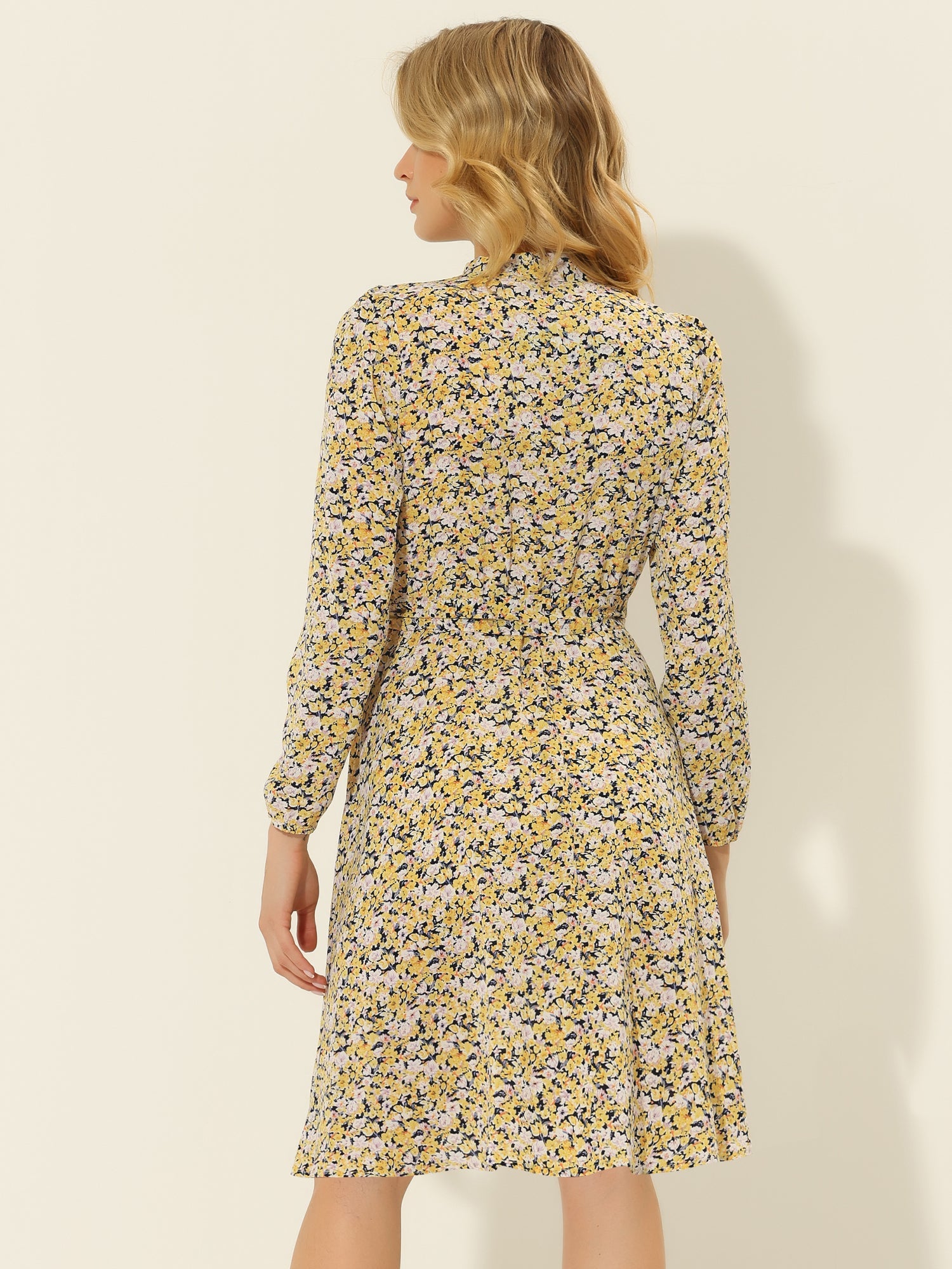 Tie Neck Chiffon Long Sleeve Belted Vintage Floral Dress