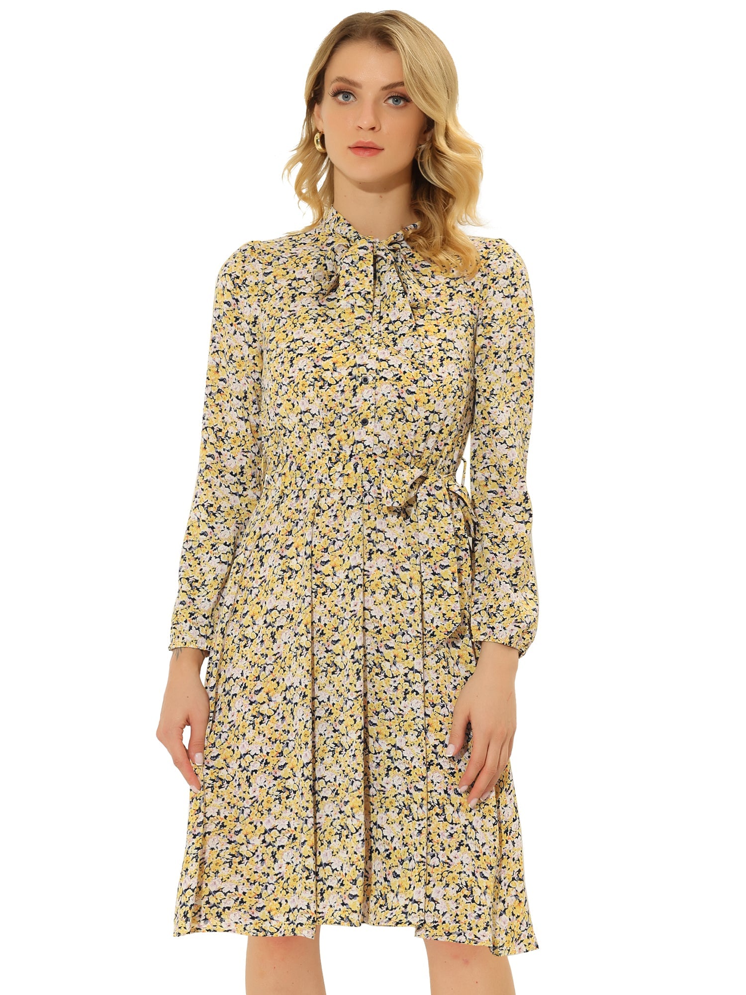Tie Neck Chiffon Long Sleeve Belted Vintage Floral Dress
