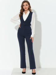 High Waisted Belted Sleeveless Long Suspender Overall Jumpsuit