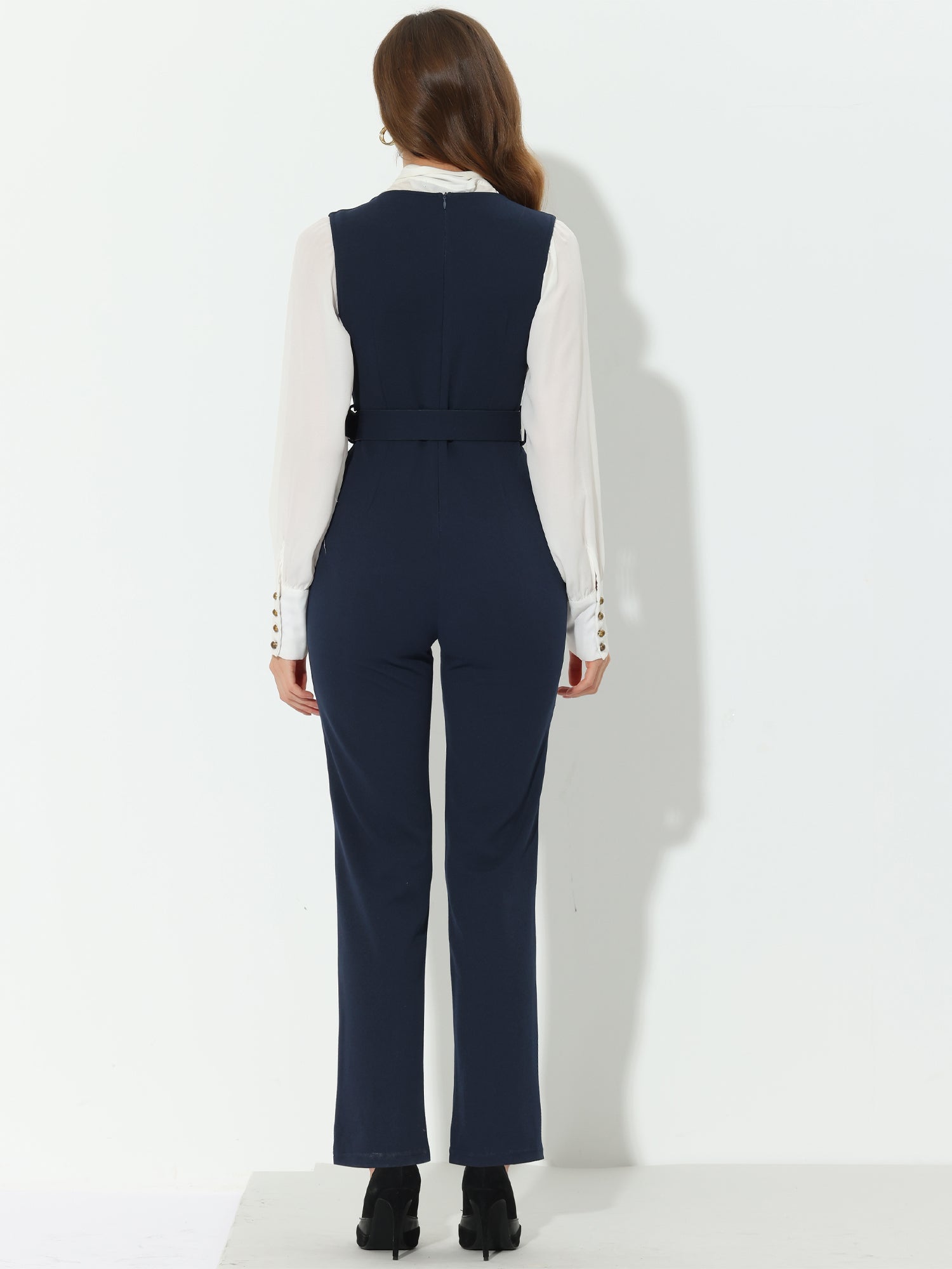 High Waisted Belted Sleeveless Long Suspender Overall Jumpsuit
