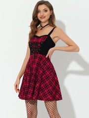 Plaid Lace-Up Gothic Sleeveless Tartan Mini Club Party Dress