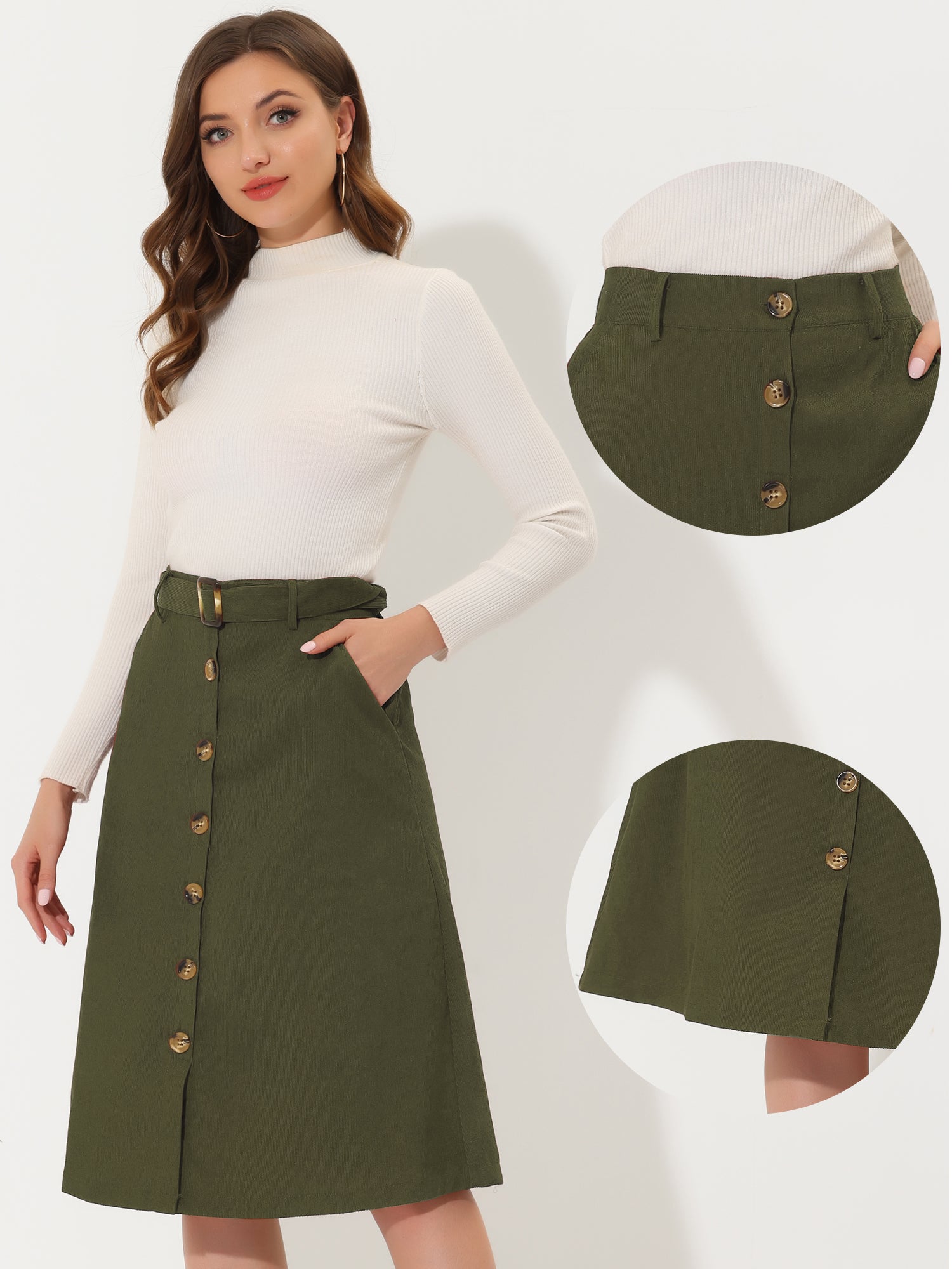 High Waist Button Front Belted Corduroy A-Line Midi Skirt