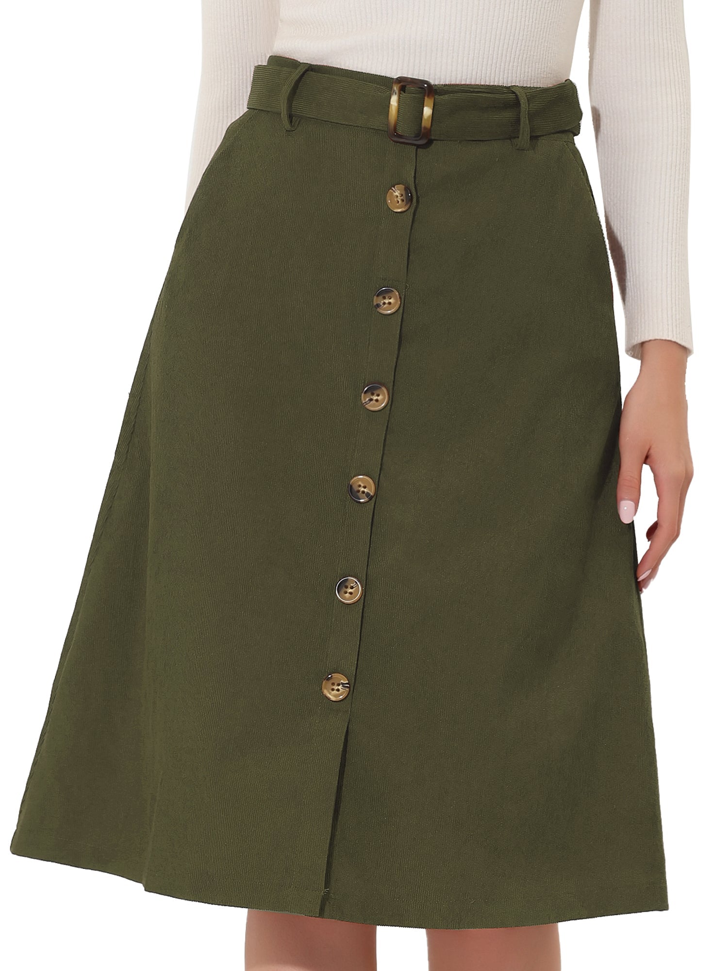 High Waist Button Front Belted Corduroy A-Line Midi Skirt