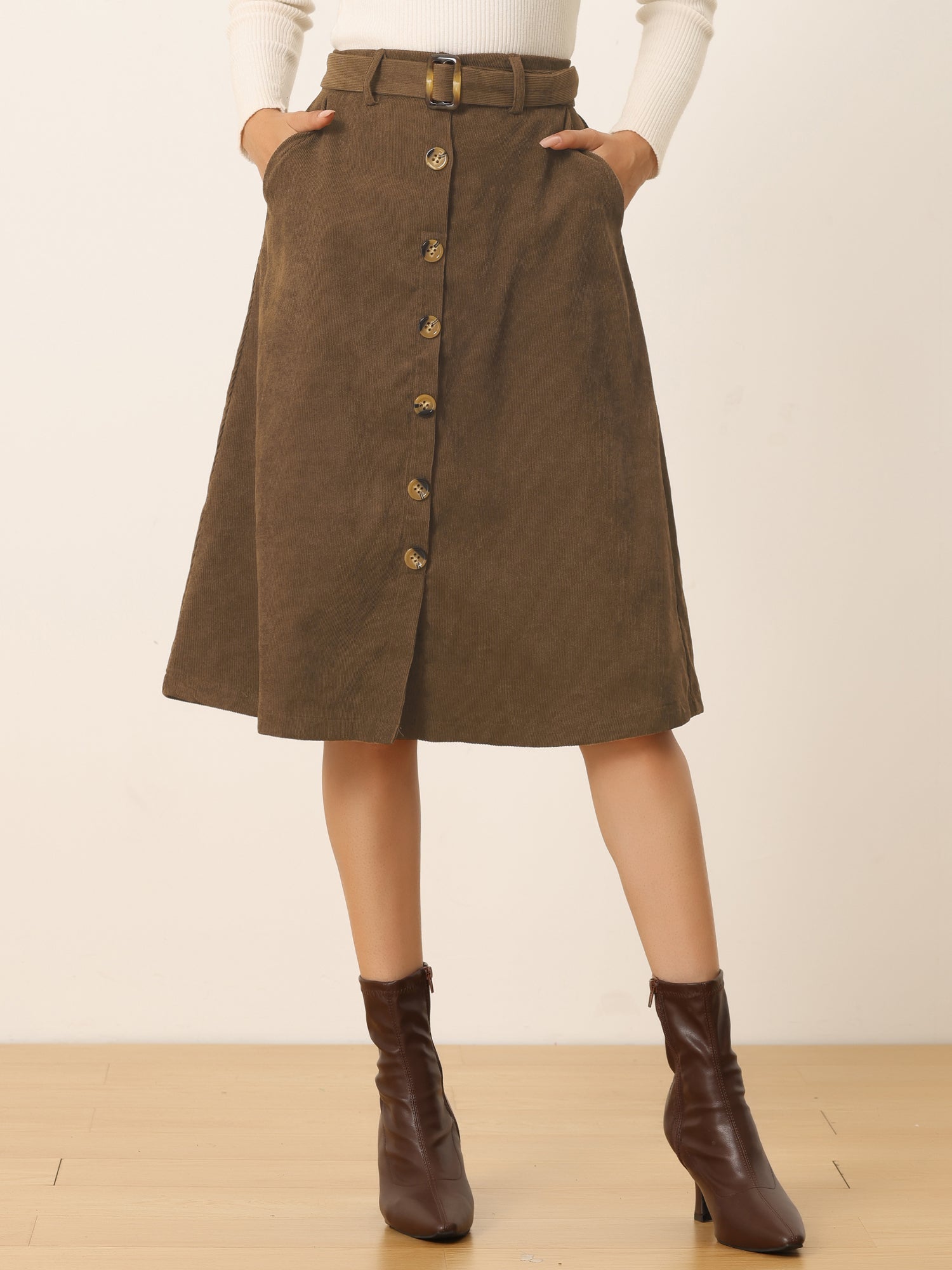 High Waist Button Front Belted Corduroy A-Line Midi Skirt