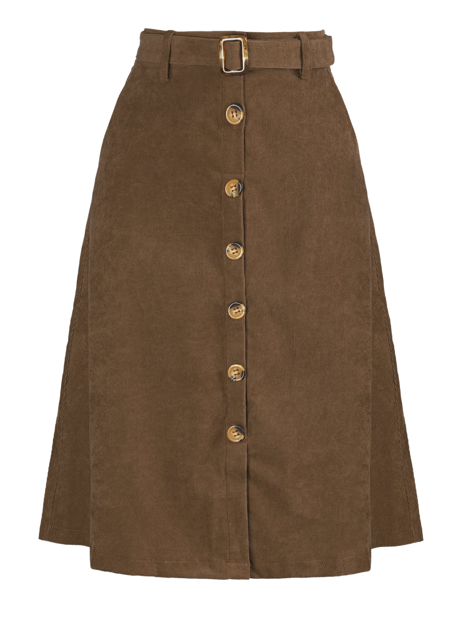 High Waist Button Front Belted Corduroy A-Line Midi Skirt