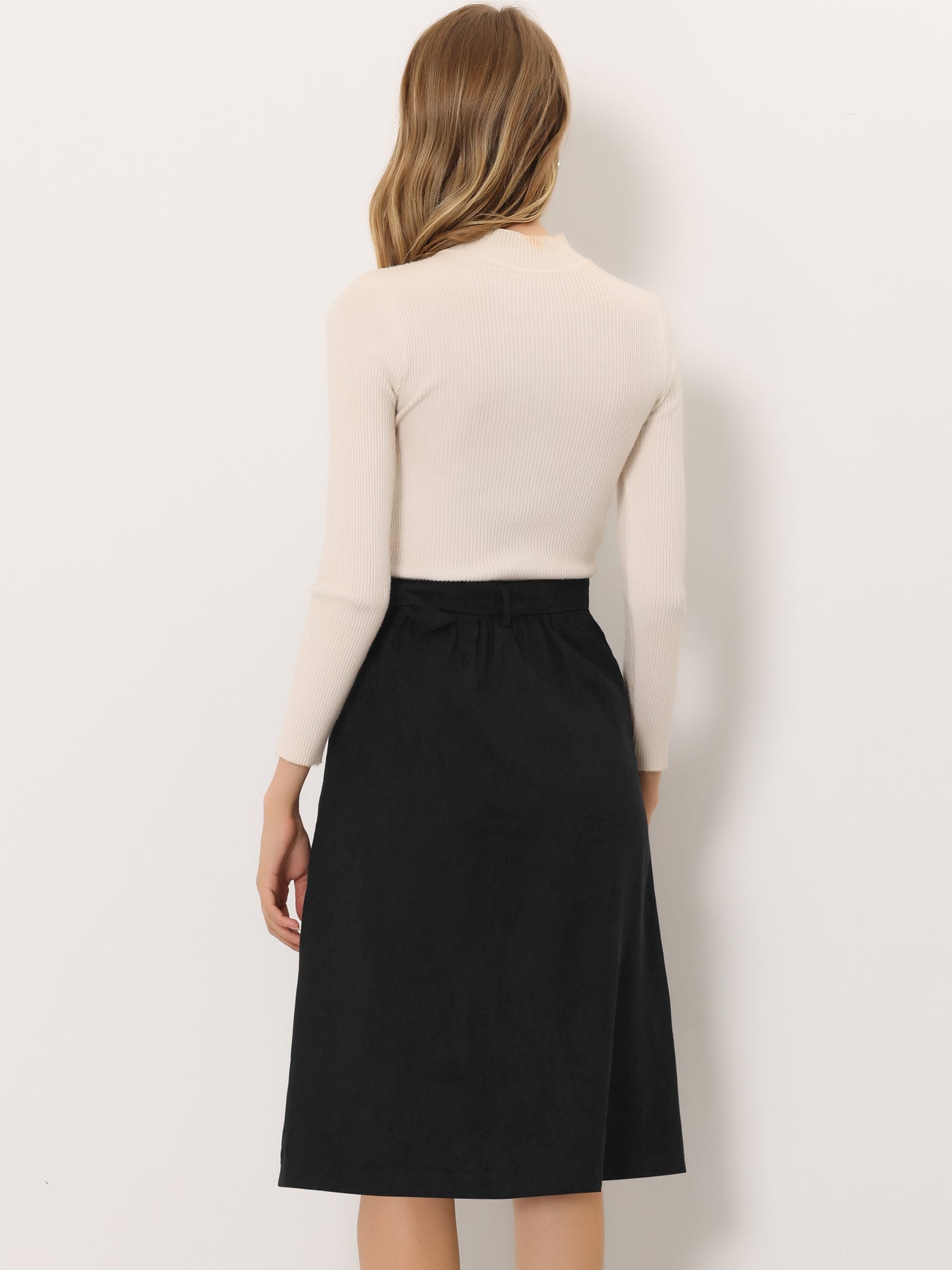 High Waist Button Front Belted Corduroy A-Line Midi Skirt
