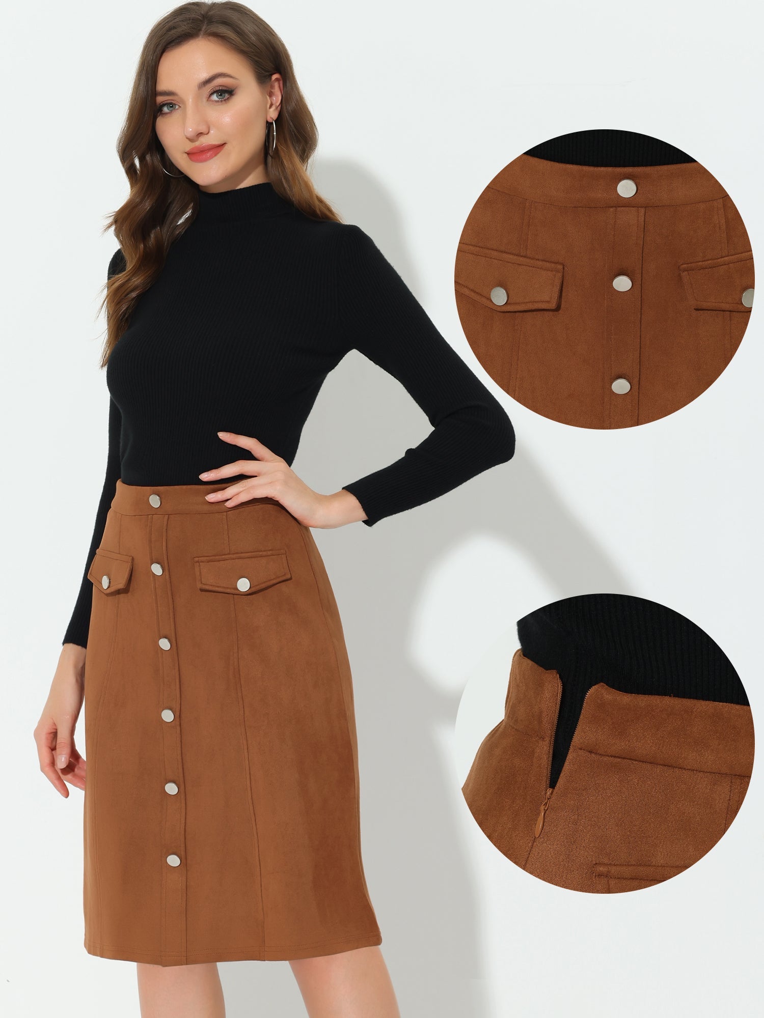 High Waist Faux Suede Knee Length A-Line Skirt