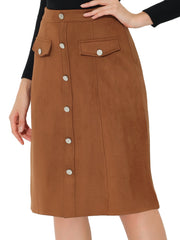 High Waist Faux Suede Knee Length A-Line Skirt