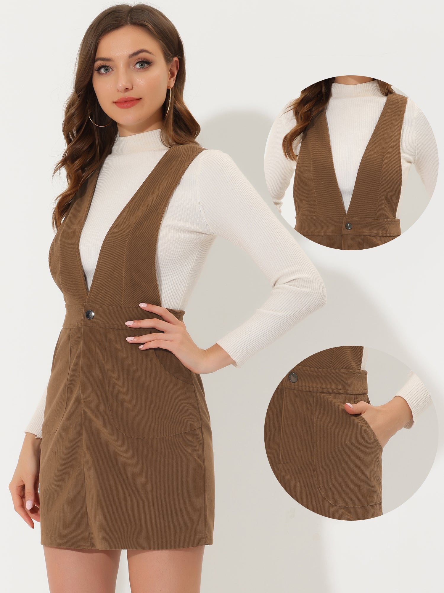 Corduroy Overall V Neck Strap Mini Pinafore Dress