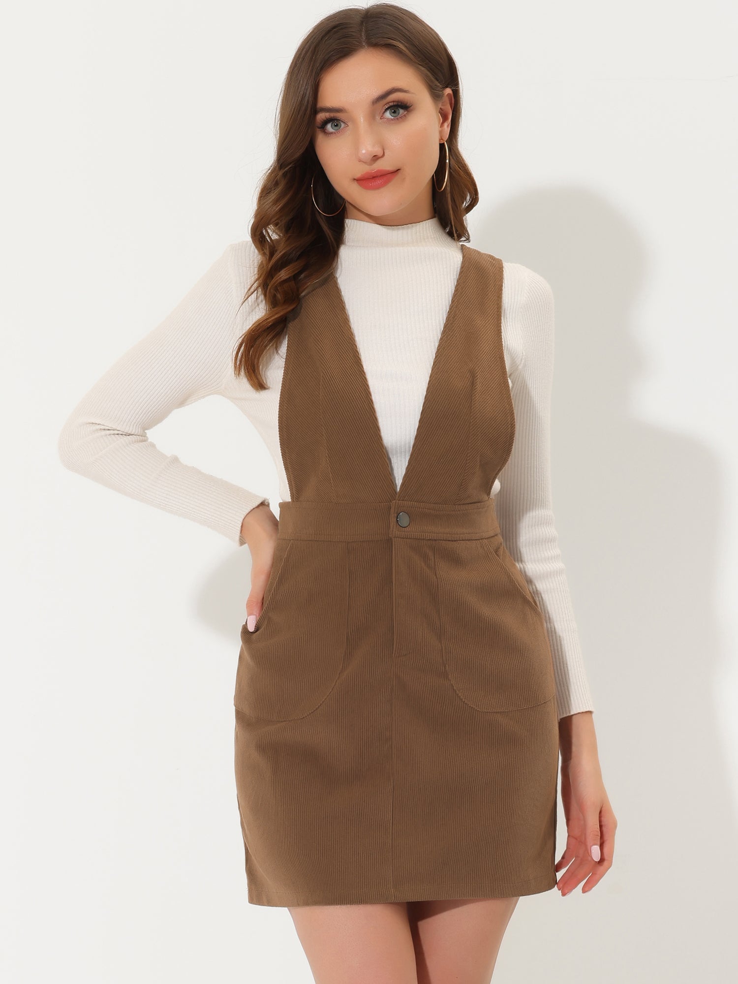 Corduroy Overall V Neck Strap Mini Pinafore Dress