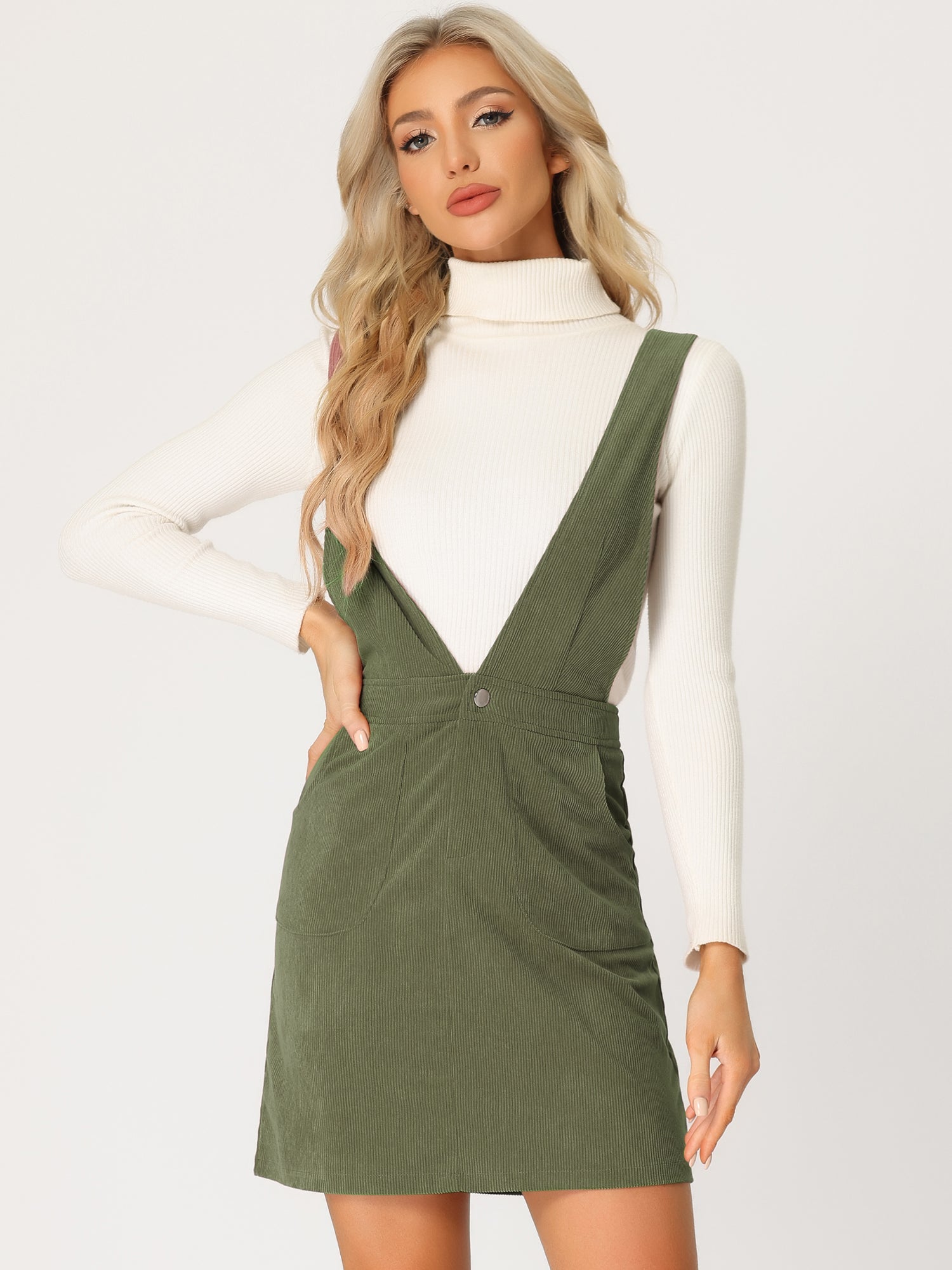 Corduroy Overall V Neck Strap Mini Pinafore Dress