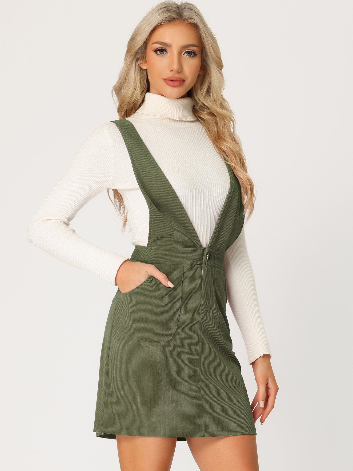 Corduroy Overall V Neck Strap Mini Pinafore Dress