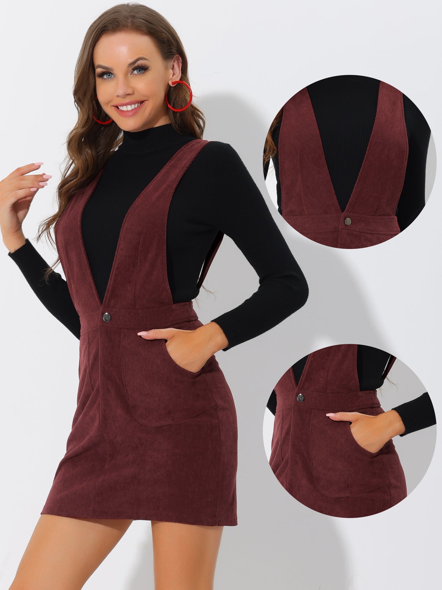 Corduroy Overall V Neck Strap Mini Pinafore Dress