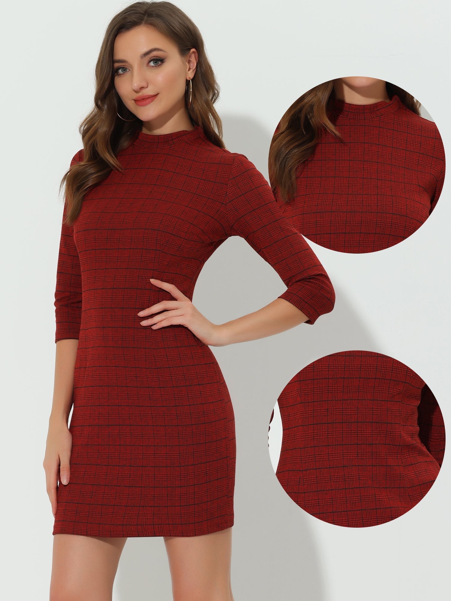 Mock Neck 3/4 Sleeve Slim Check Office Work Plaid Dress