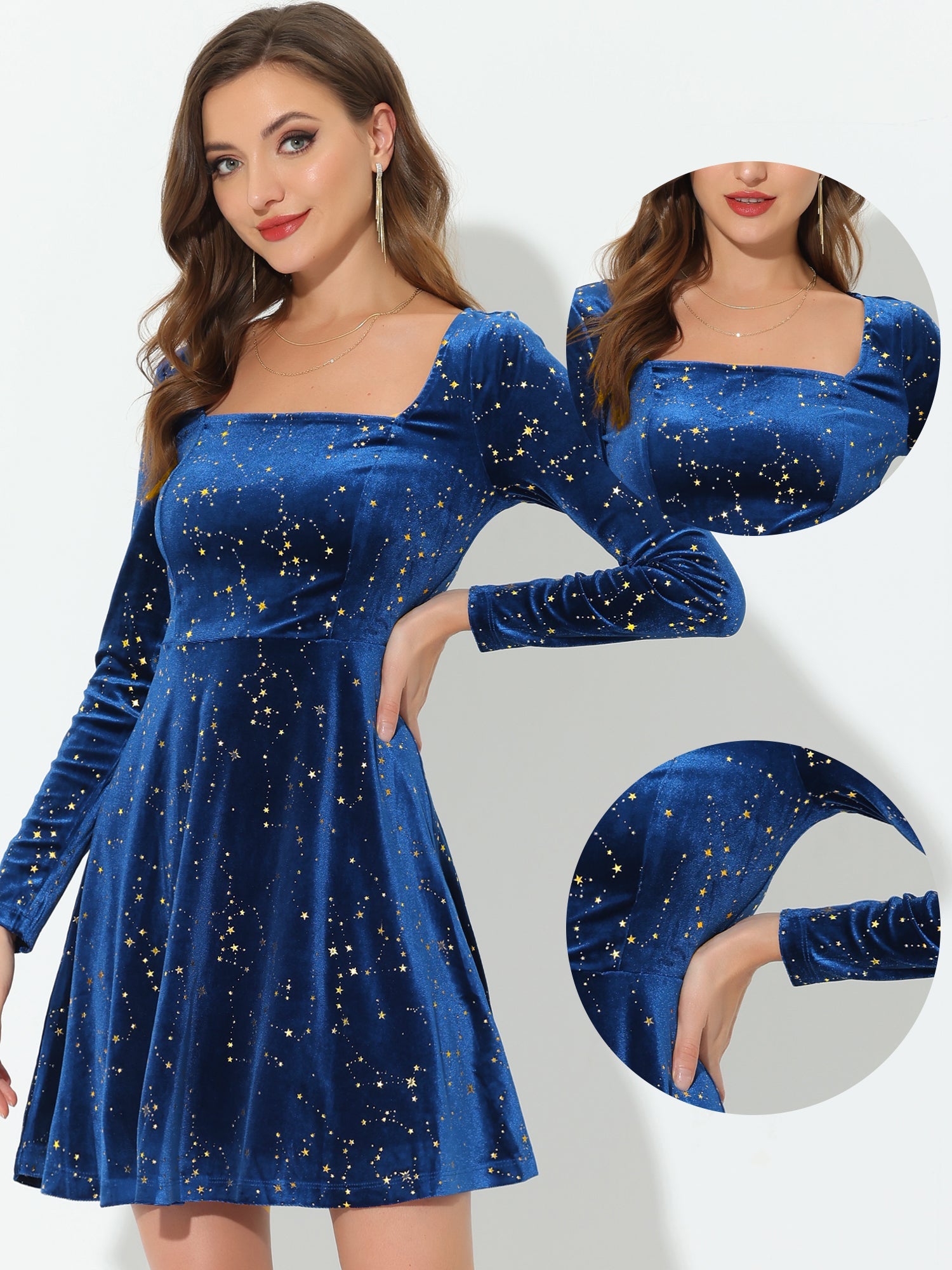 Christmas Stars Square Neck Vintage Velvet Mini Dress