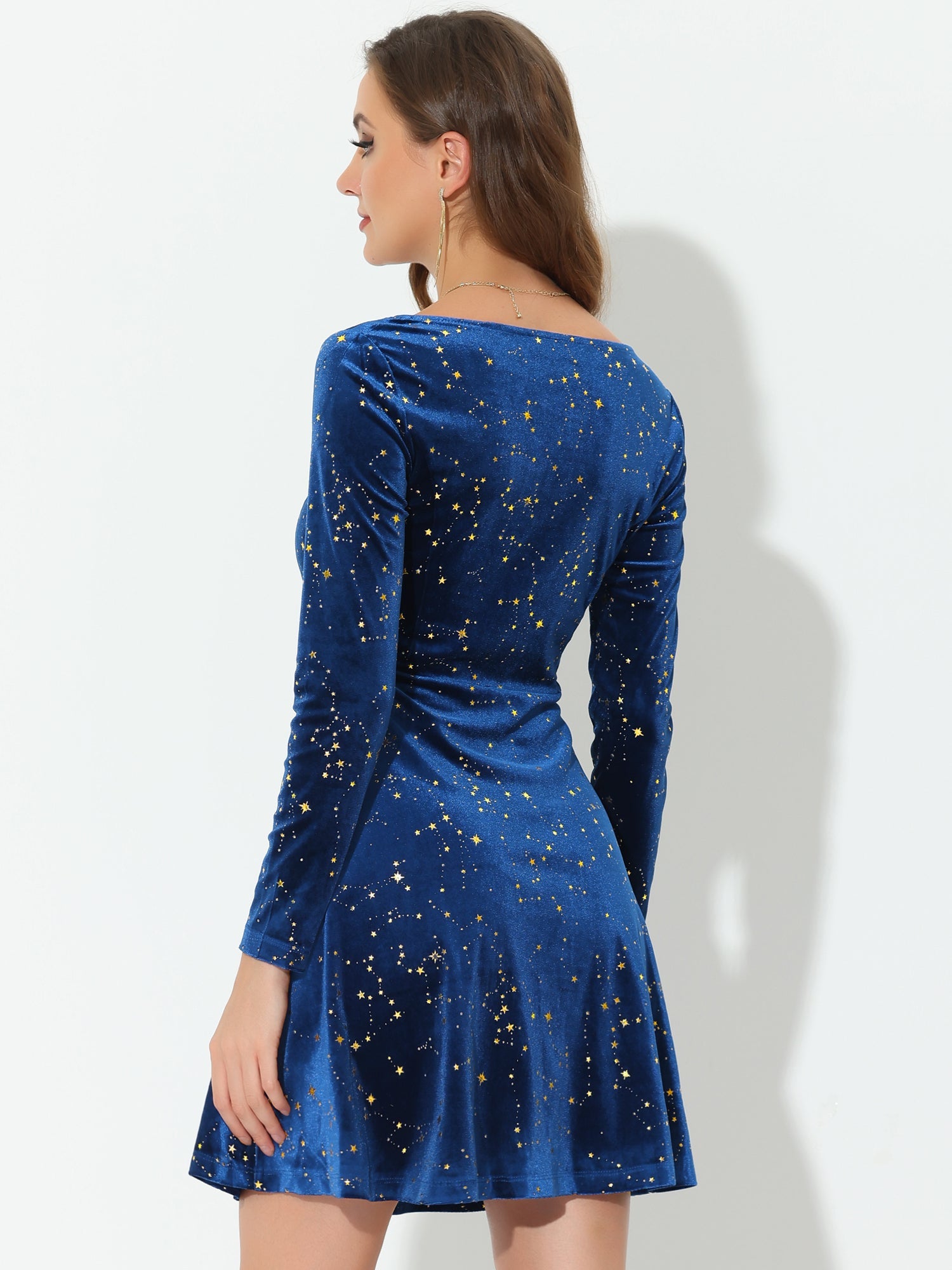 Christmas Stars Square Neck Vintage Velvet Mini Dress
